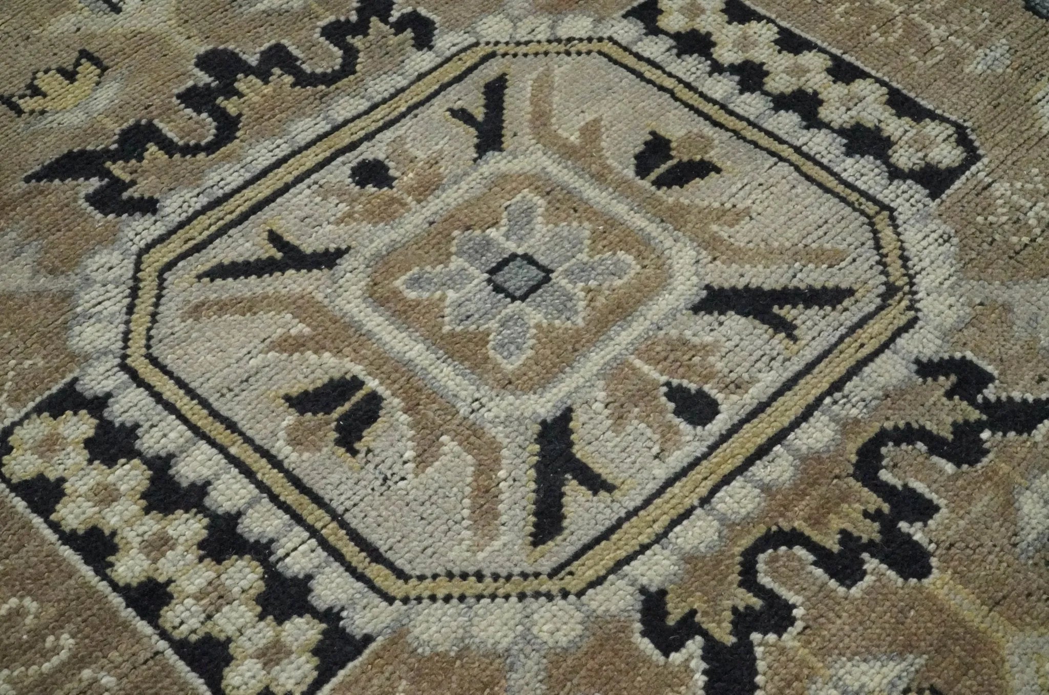 Vintage Distressed Hand Knotted Traditional Heriz Serapi Camel, Ivory and Black Custom Made wool Area Rug