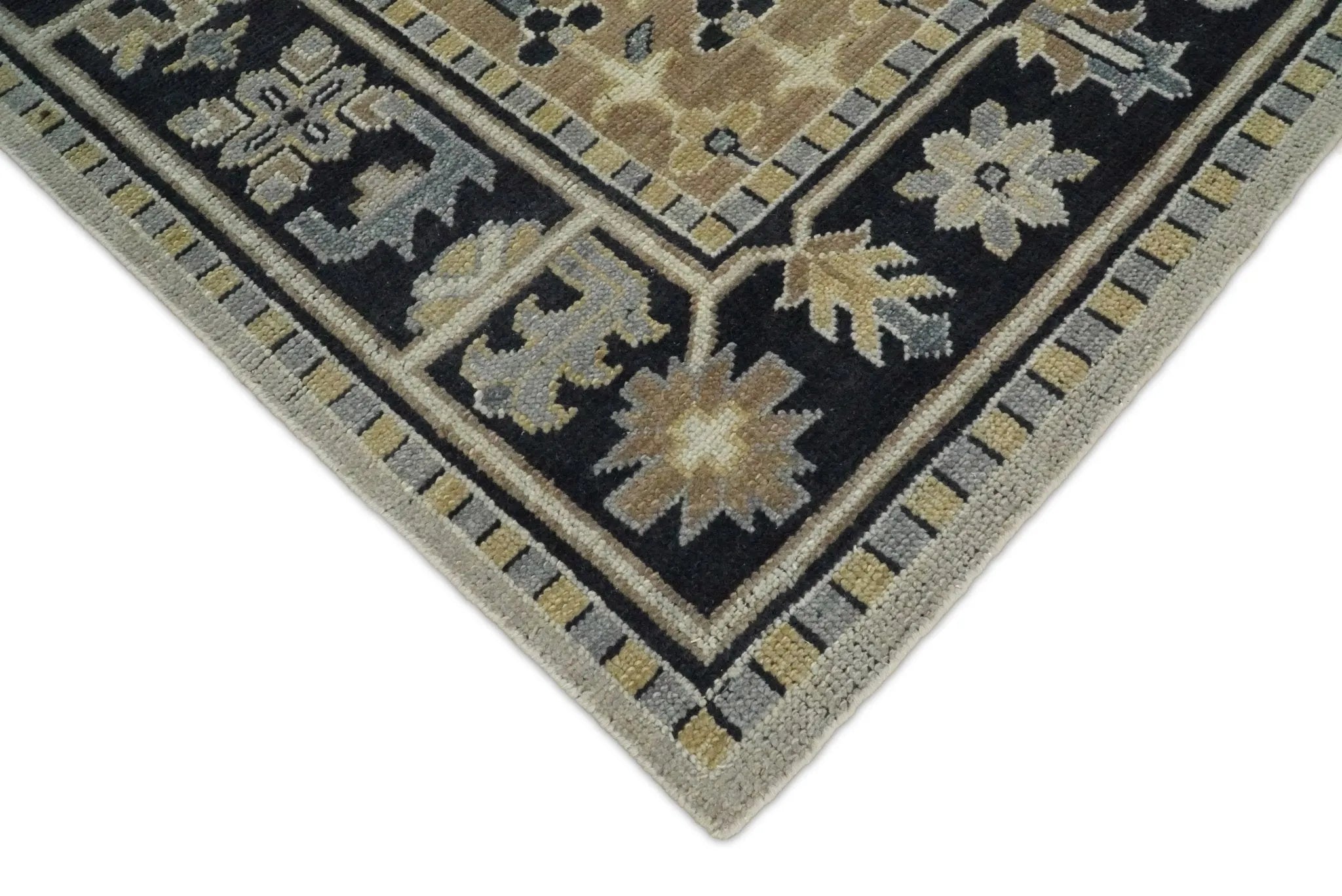 Vintage Distressed Hand Knotted Traditional Heriz Serapi Camel, Ivory and Black Custom Made wool Area Rug