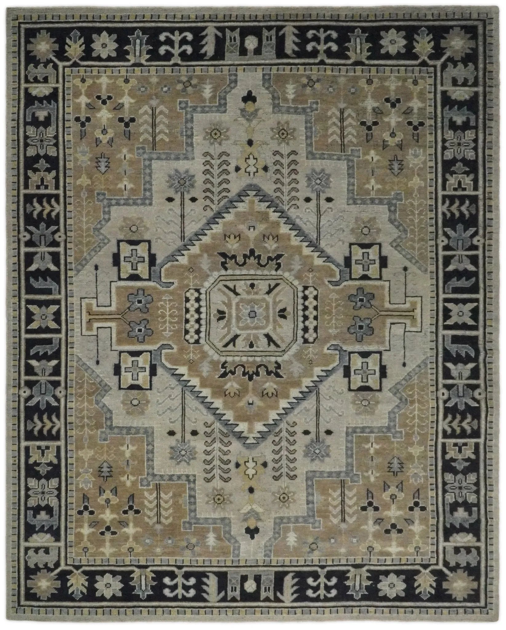 Vintage Distressed Hand Knotted Traditional Heriz Serapi Camel, Ivory and Black Custom Made wool Area Rug