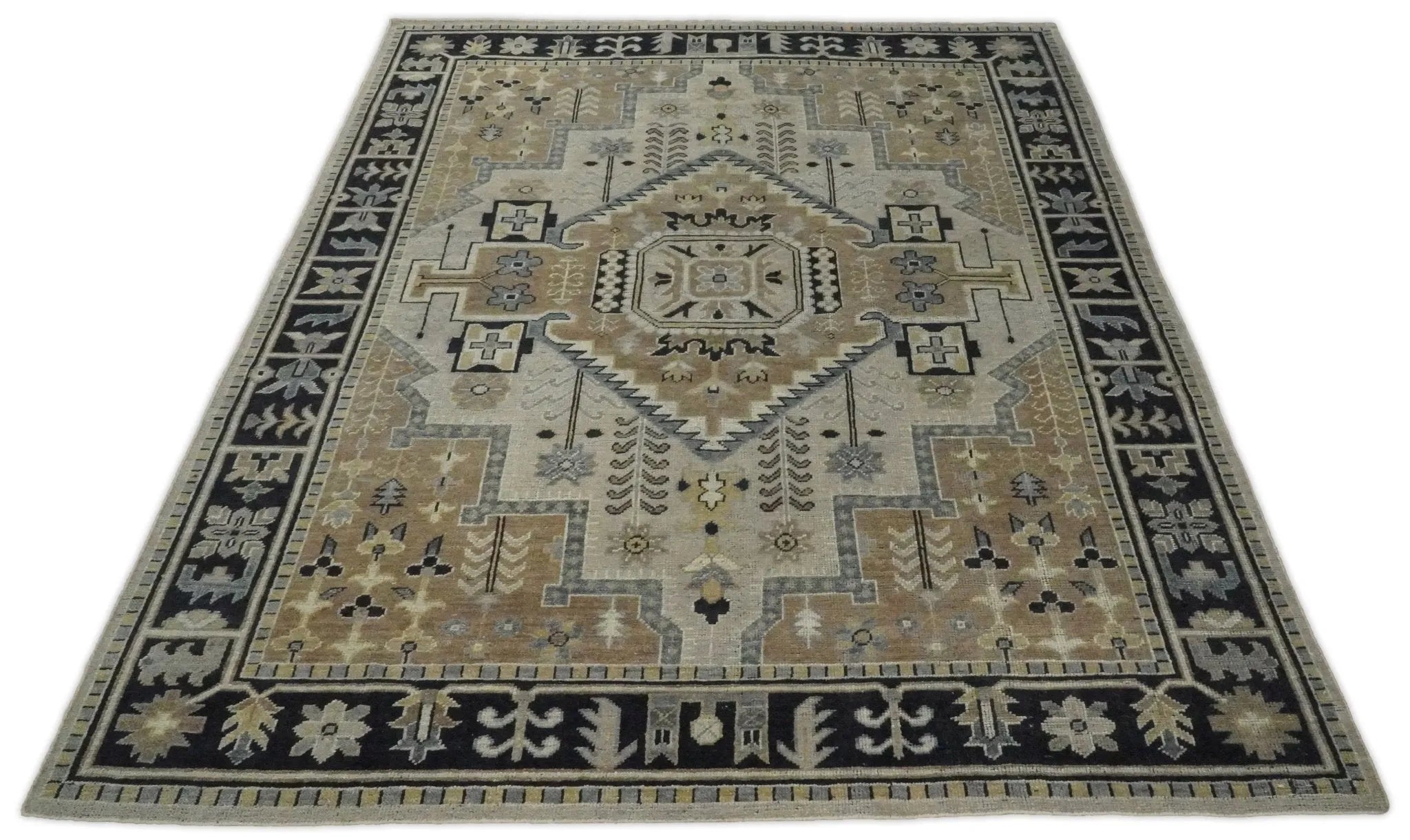 Vintage Distressed Hand Knotted Traditional Heriz Serapi Camel, Ivory and Black Custom Made wool Area Rug