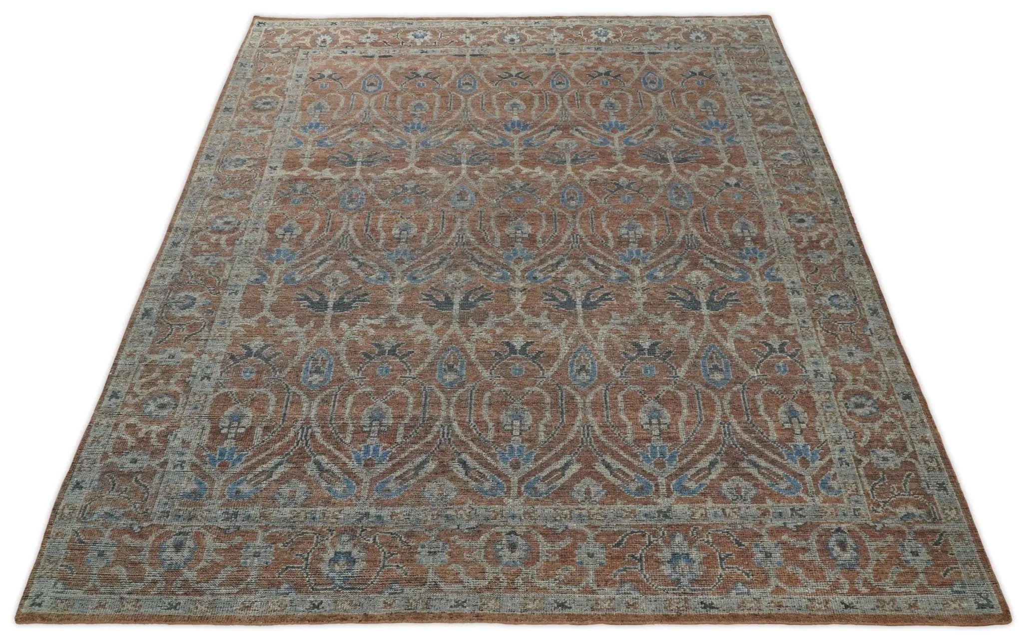 Vintage Style Hand Knotted Serapi Blue and Rust Traditional Custom Made Area Rug