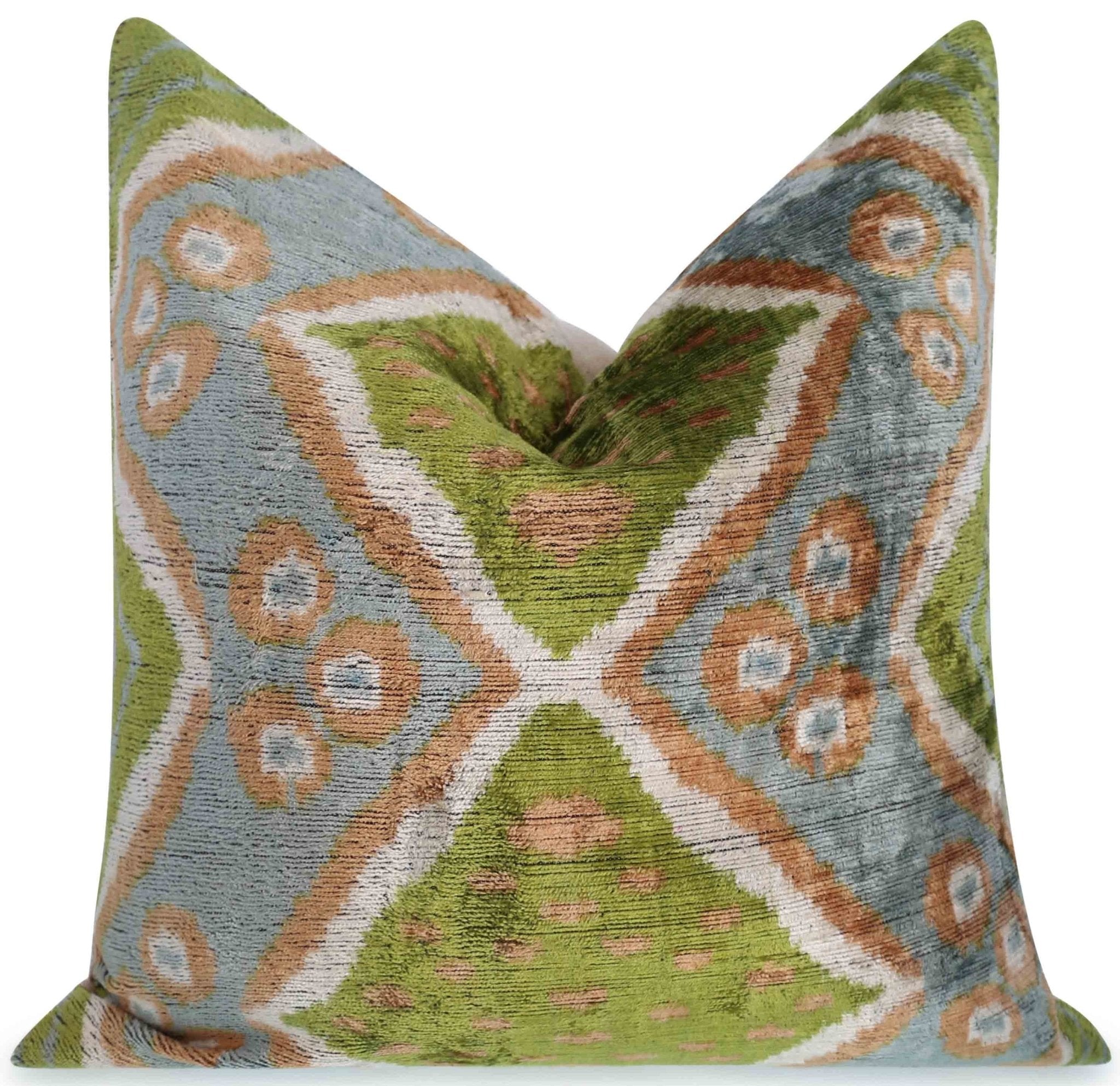 Handmade Velvet Throw Pillow with Green and Blue Geometric Ikat Design - High-Quality 20x20 Inch Decorative Accent with Premium Down Feather Insert