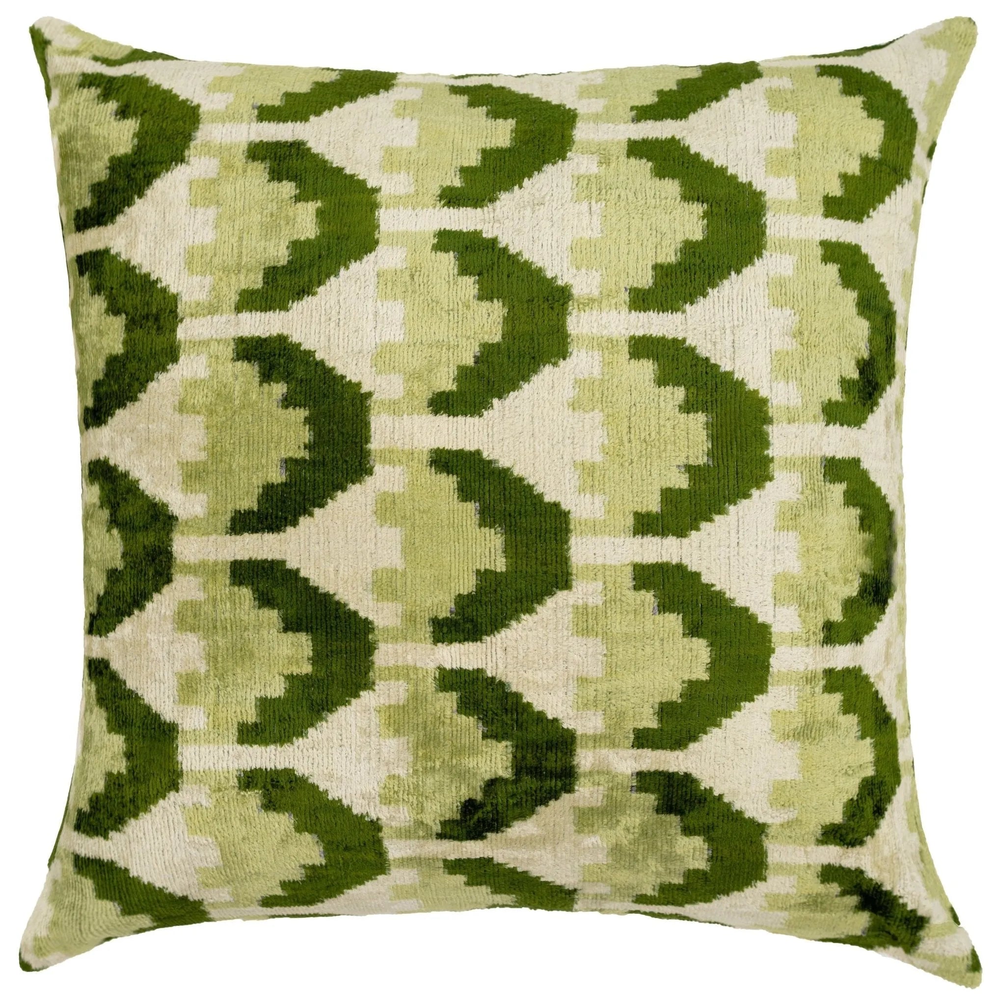 Handmade Velvet Throw Pillow with Green and Cream Geometric Design - High-Quality 20x20 Inch Decorative Accent with Premium Down Feather Insert