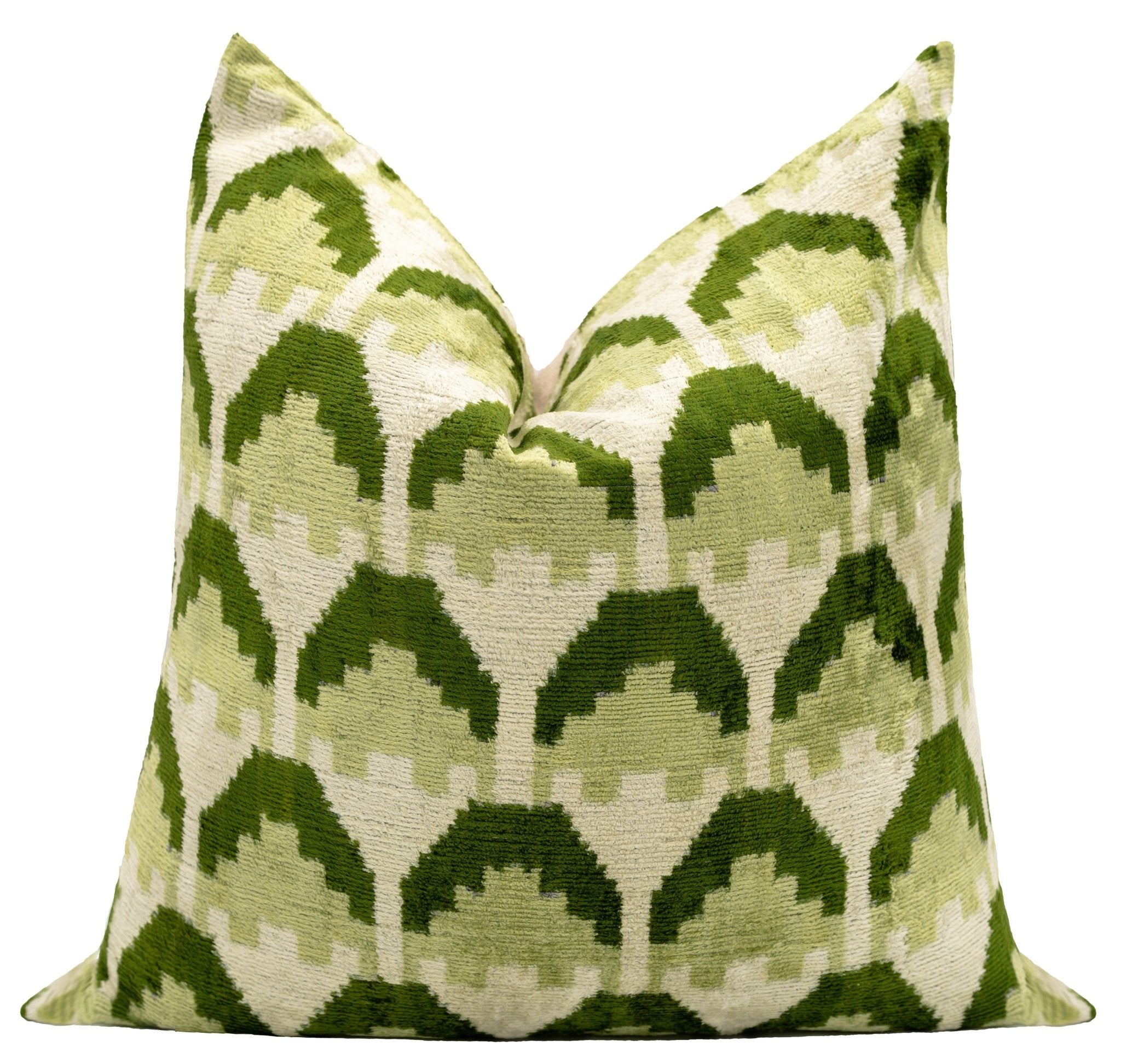 Handmade Velvet Throw Pillow with Green and Cream Geometric Design - High-Quality 20x20 Inch Decorative Accent with Premium Down Feather Insert