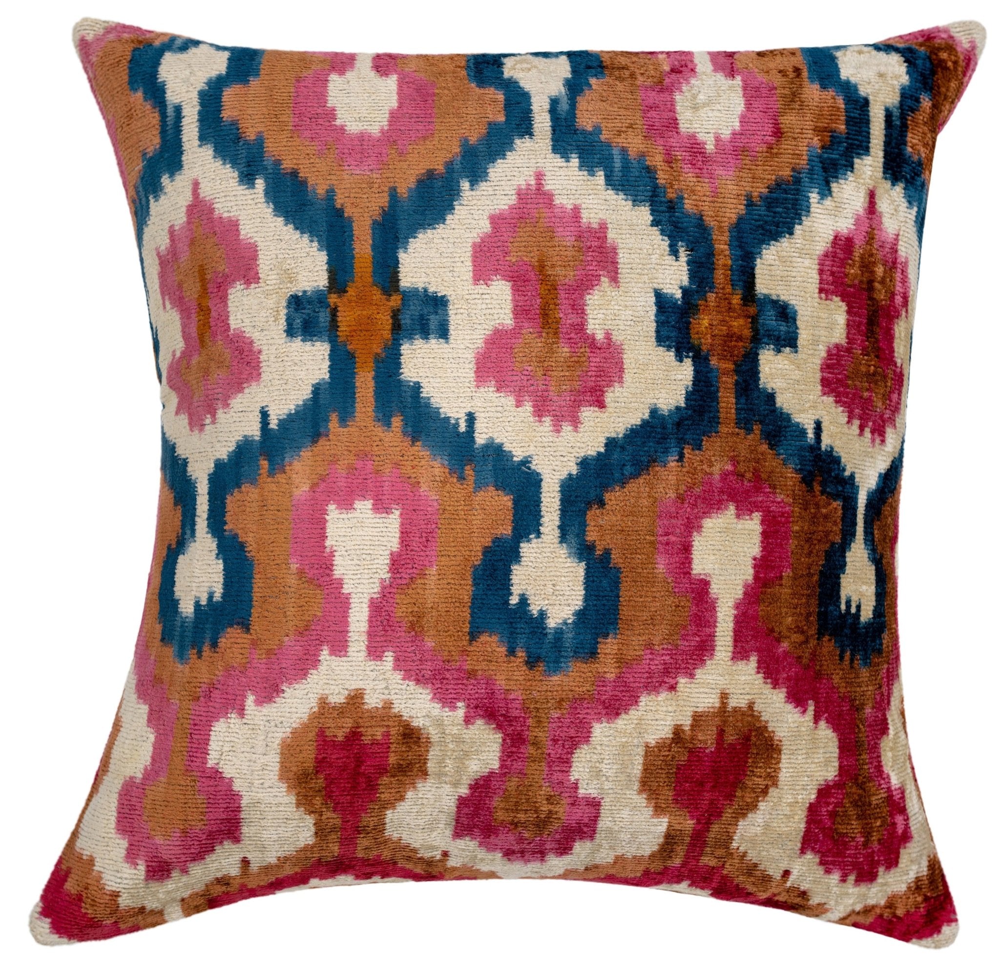 Handmade Velvet Throw Pillow with Pink, Blue, and Tan Ikat Design - High-Quality 20x20 Inch Decorative Accent with Premium Down Feather Insert