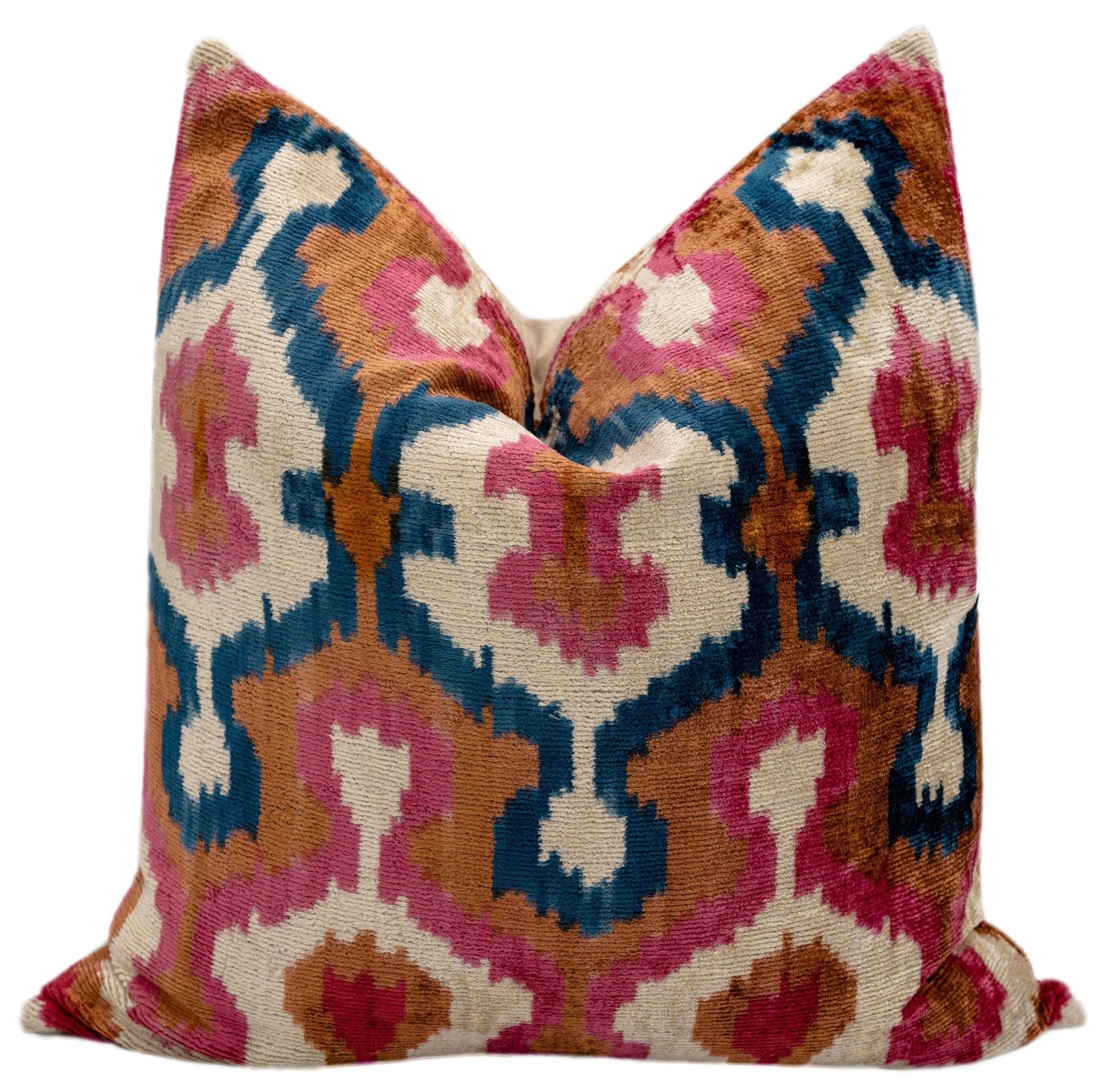 Handmade Velvet Throw Pillow with Pink, Blue, and Tan Ikat Design - High-Quality 20x20 Inch Decorative Accent with Premium Down Feather Insert