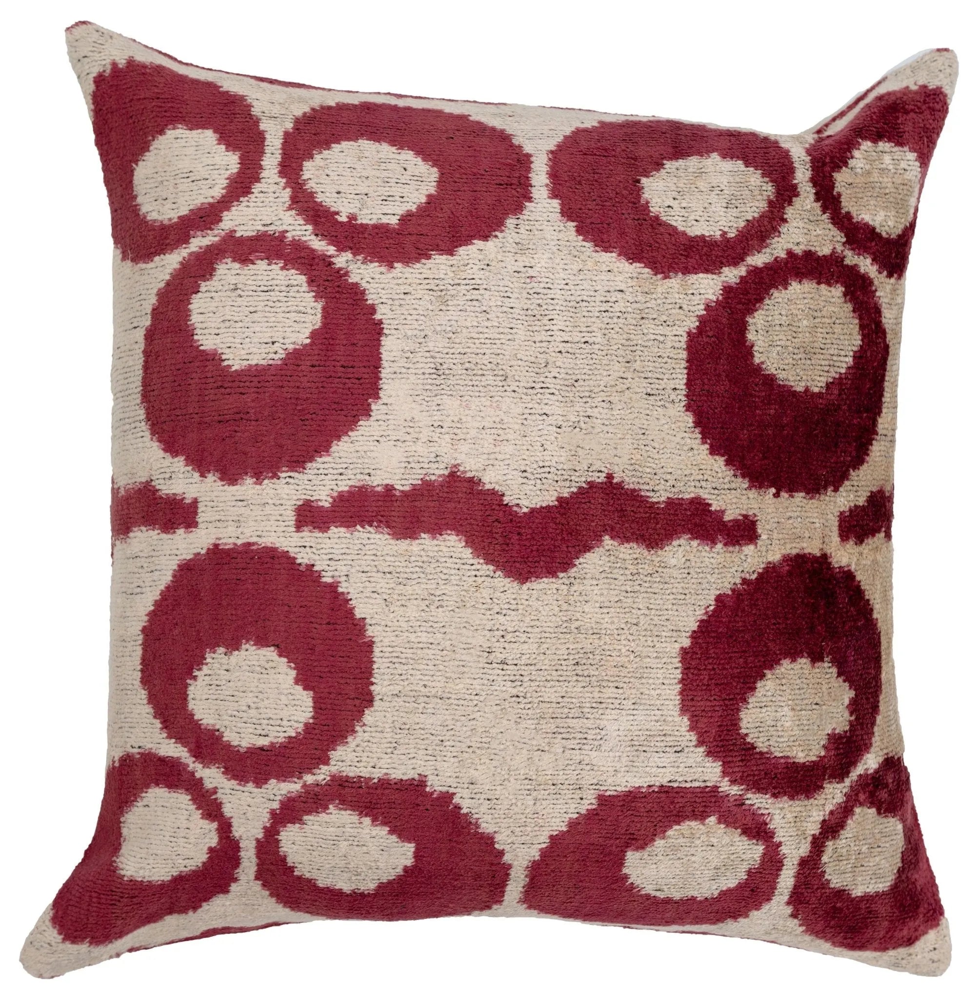 Handmade Velvet Throw Pillow with Red and Beige Geometric Design - High-Quality 20x20 Inch Decorative Accent with Premium Down Feather Insert