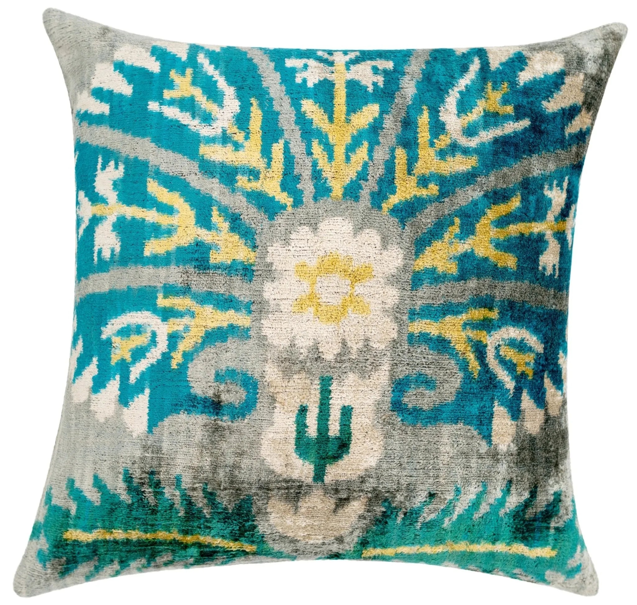 Handmade Velvet Throw Pillow with Turquoise and Yellow Ikat Design - High-Quality 20x20 Inch Decorative Accent with Premium Down Feather Insert