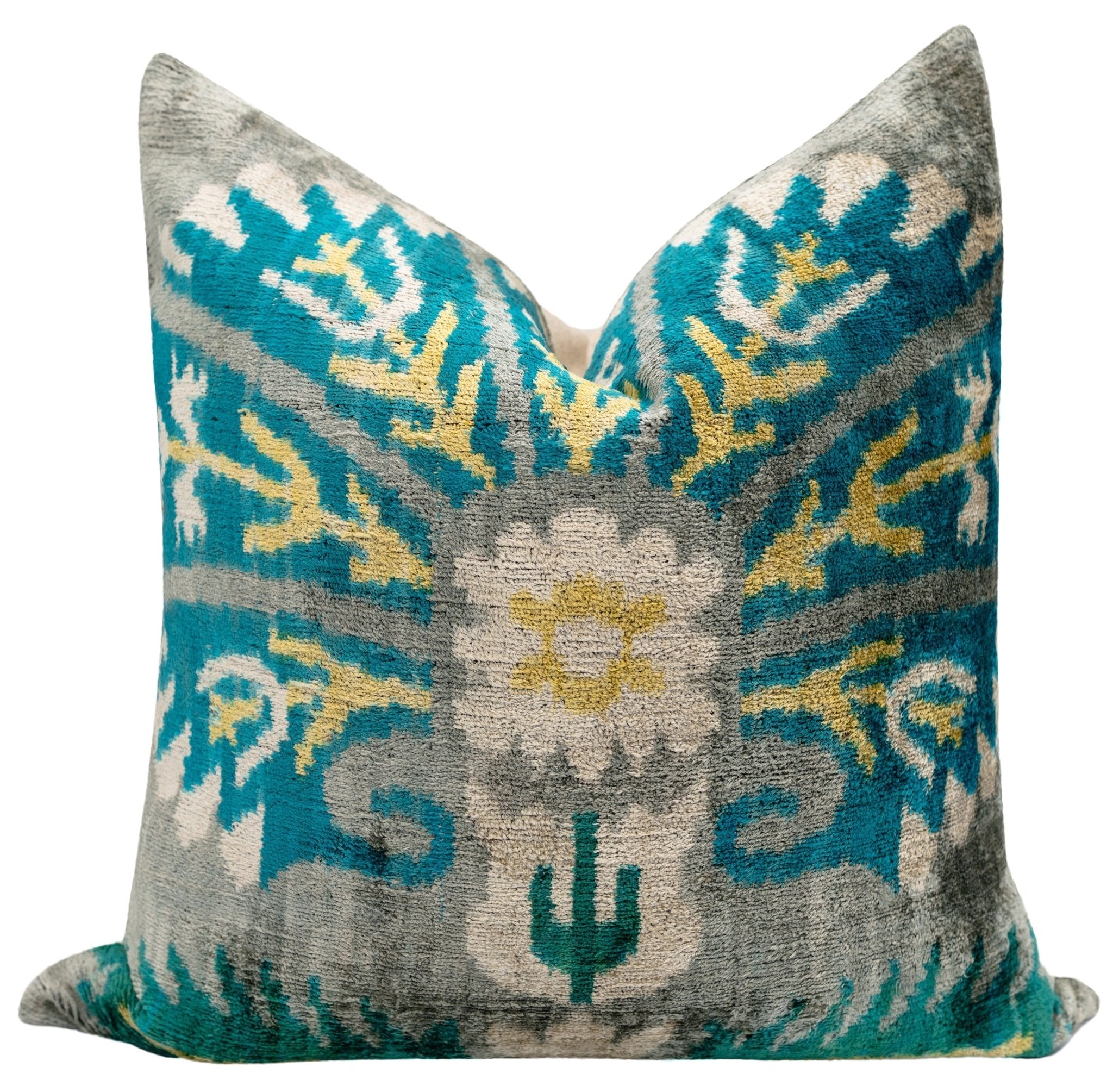 Handmade Velvet Throw Pillow with Turquoise and Yellow Ikat Design - High-Quality 20x20 Inch Decorative Accent with Premium Down Feather Insert