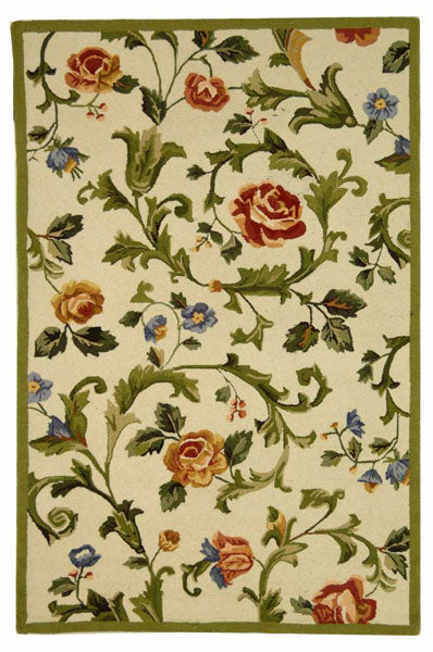 Chelsea Wool Rug in Ivory and Green with Floral Design