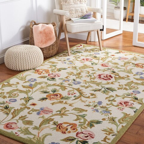 Chelsea Wool Rug in Ivory and Green with Floral Design