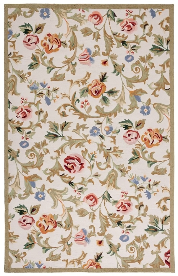 Chelsea Wool Rug in Ivory and Green with Floral Design