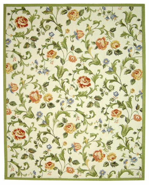 Chelsea Wool Rug in Ivory and Green with Floral Design