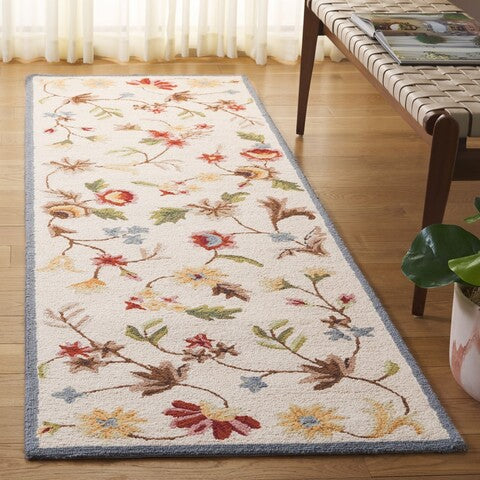 Chelsea Wool Rug in Ivory and Green with Floral Design