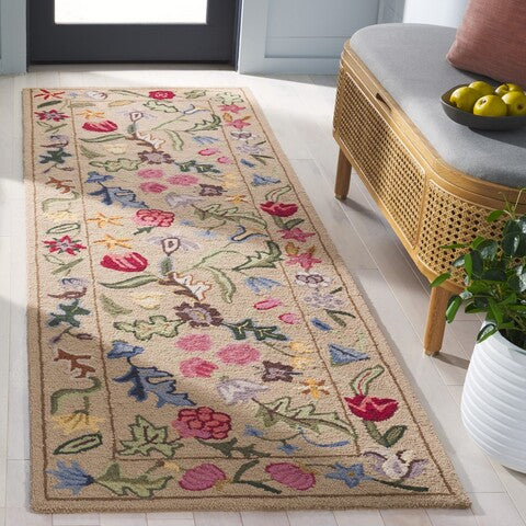 Chelsea Wool Rug in Beige and Pink with Floral Design