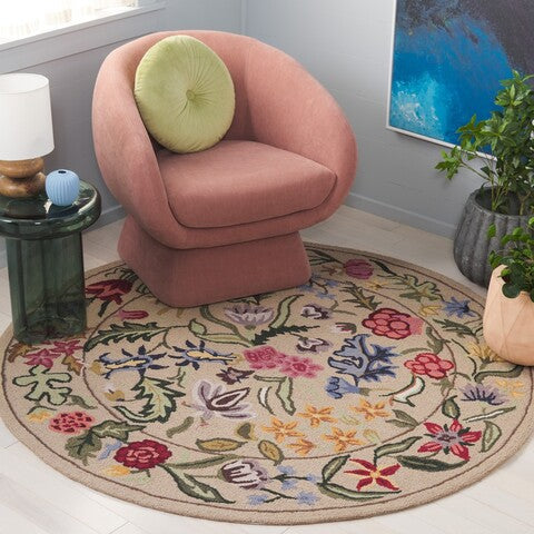 Chelsea Wool Rug in Beige and Pink with Floral Design