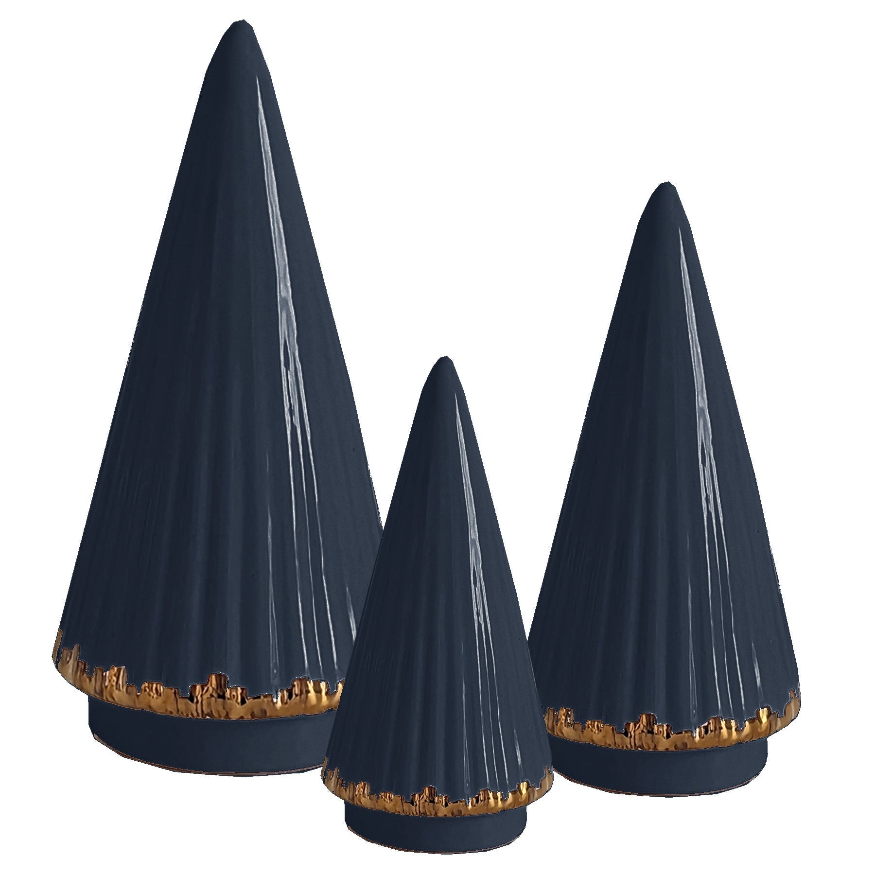 Navy Blue Fluted Christmas Trees with 22K Gold Brushstroke Accent