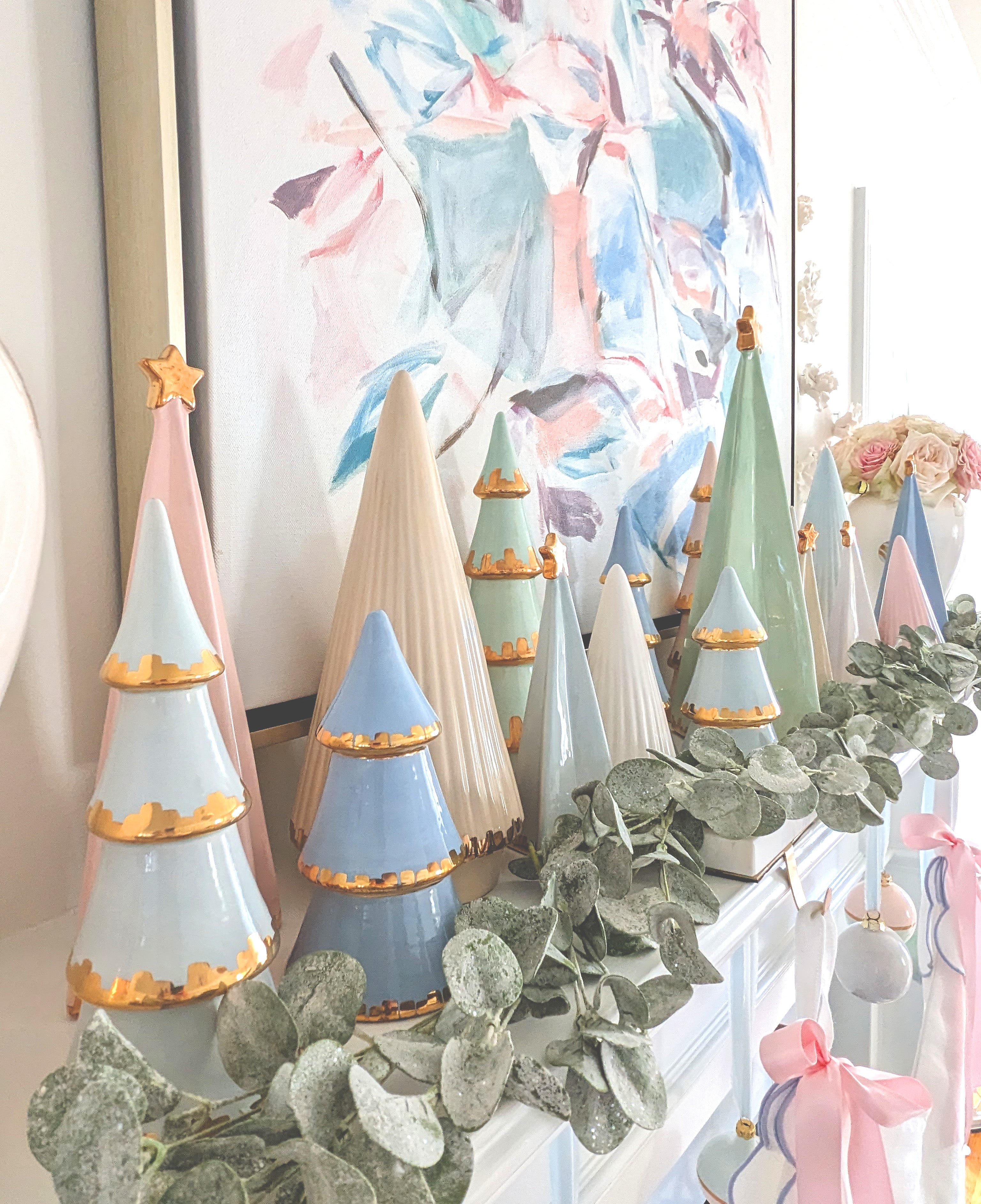 White Fluted Christmas Trees with 22K Gold Brushstroke Accent