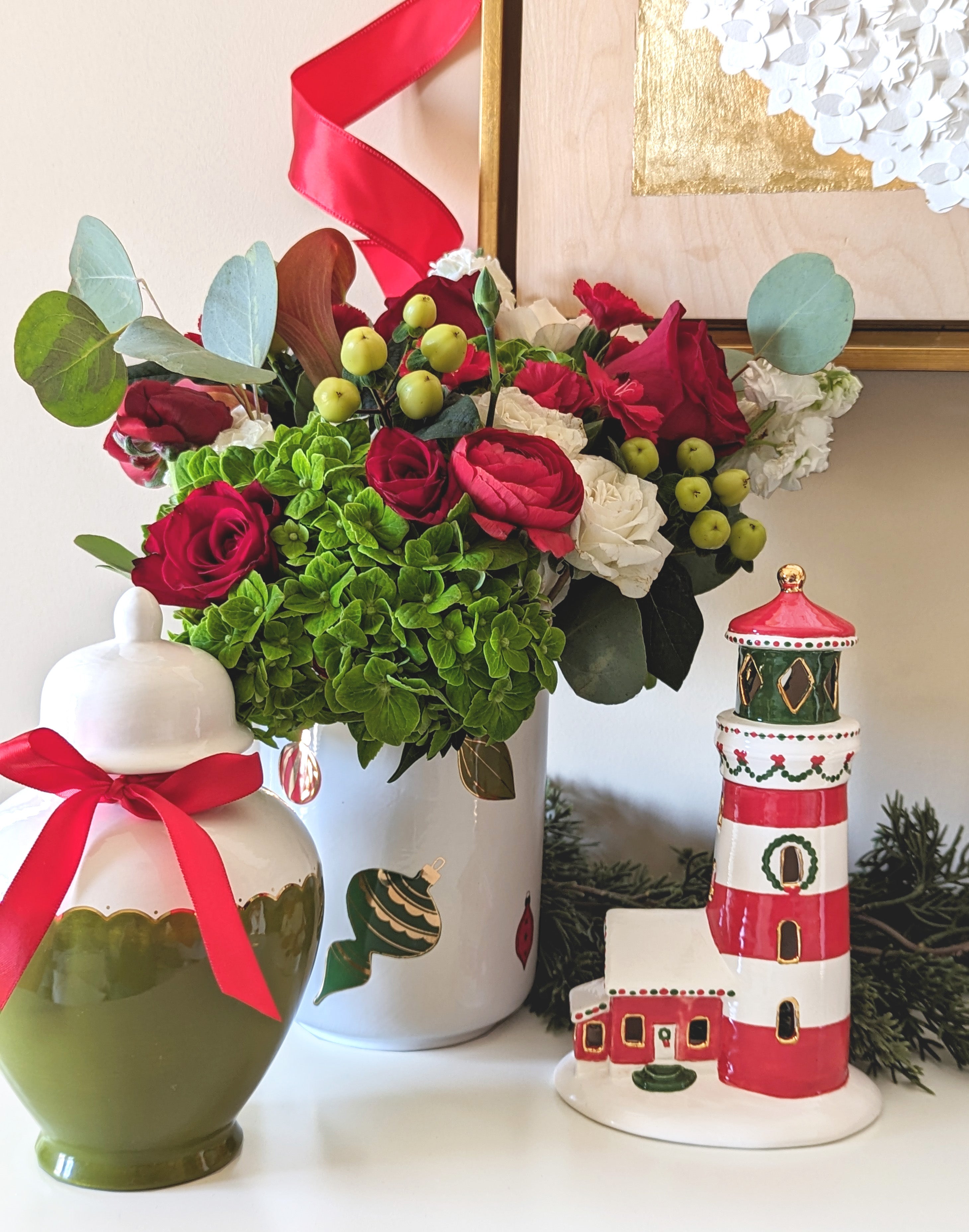 Ivory, Red and Green Lighthouse with 22K Gold Accents