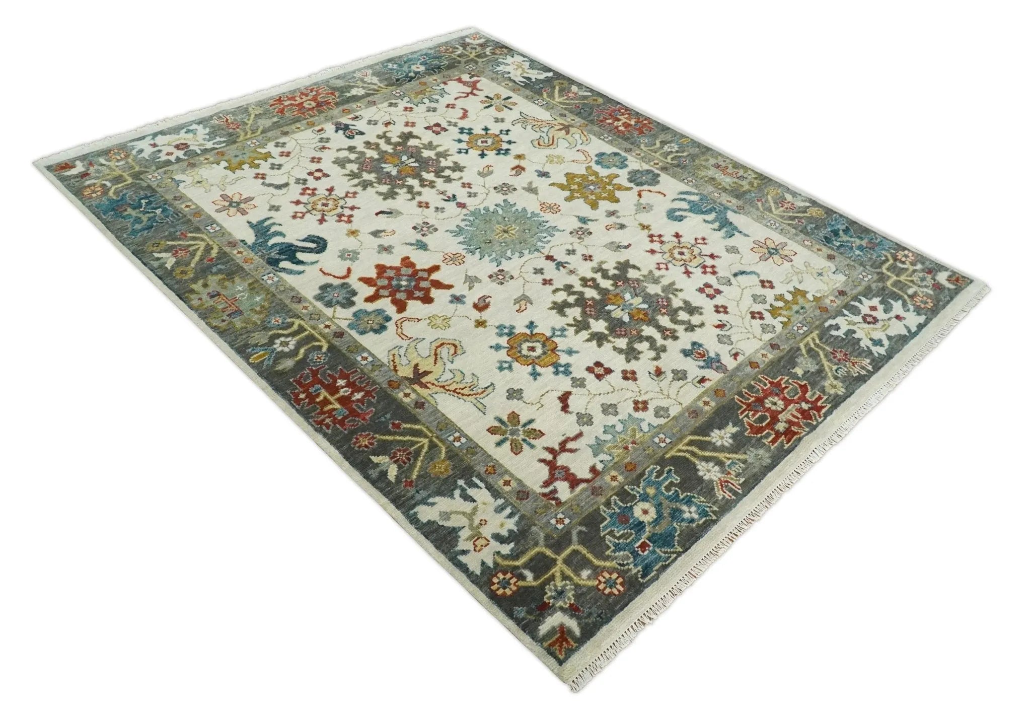 Ivory and Gray Floral Oushak Hand Knotted Custom Made Wool Area Rug