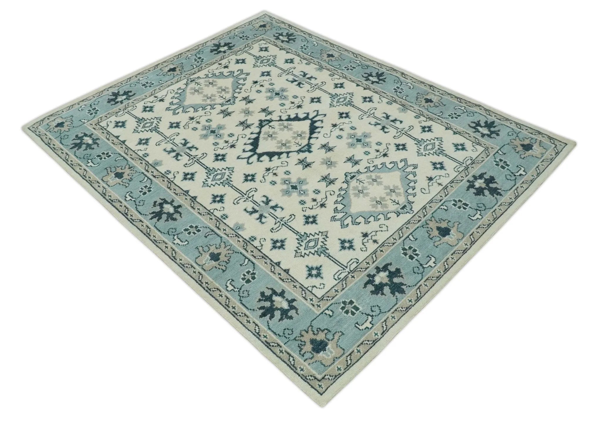 Ivory and Light Blue Traditional Oriental Hand Knotted Custom Made wool area Rug