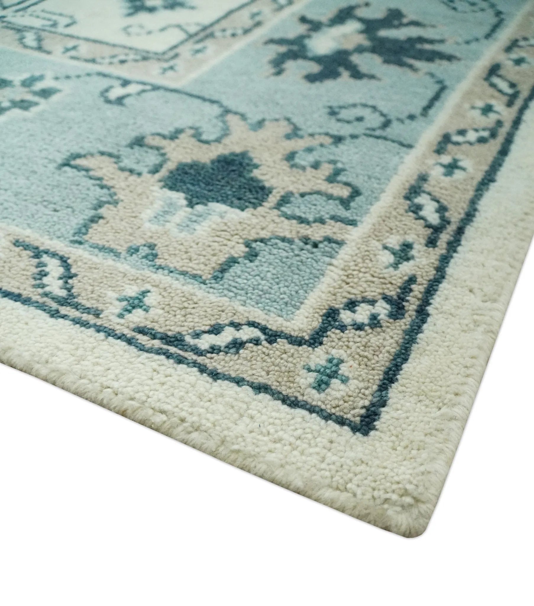 Ivory and Light Blue Traditional Oriental Hand Knotted Custom Made wool area Rug