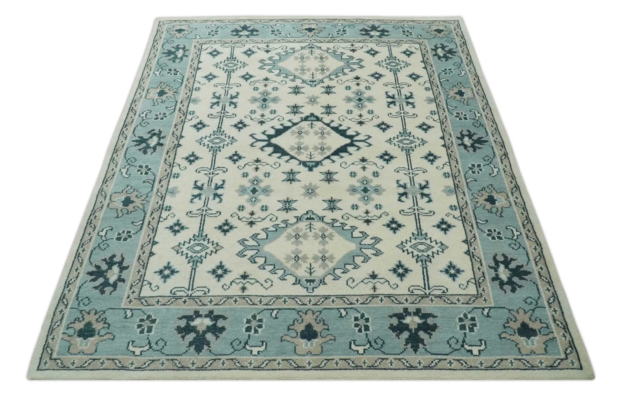 Ivory and Light Blue Traditional Oriental Hand Knotted Custom Made wool area Rug