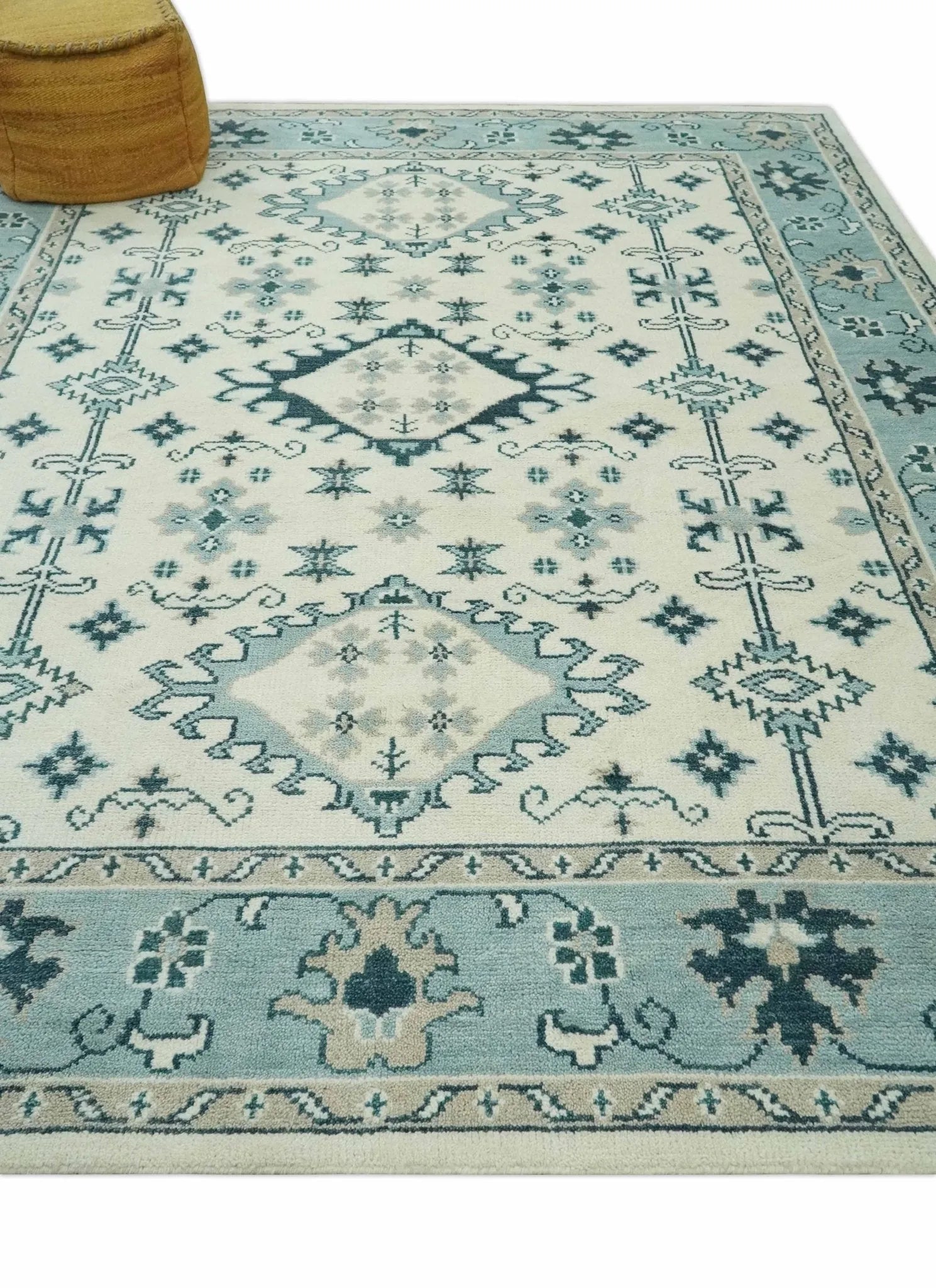 Ivory and Light Blue Traditional Oriental Hand Knotted Custom Made wool area Rug