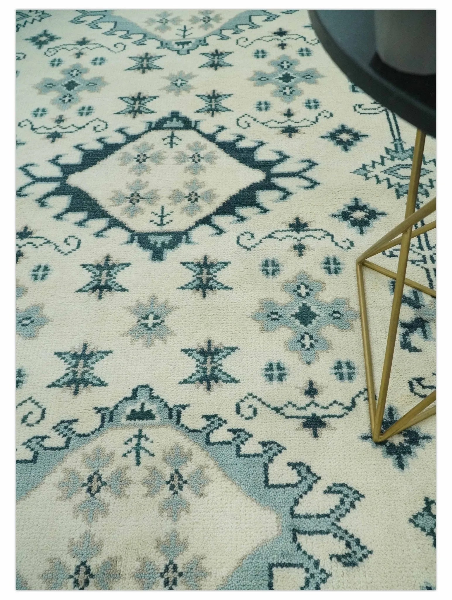 Ivory and Light Blue Traditional Oriental Hand Knotted Custom Made wool area Rug