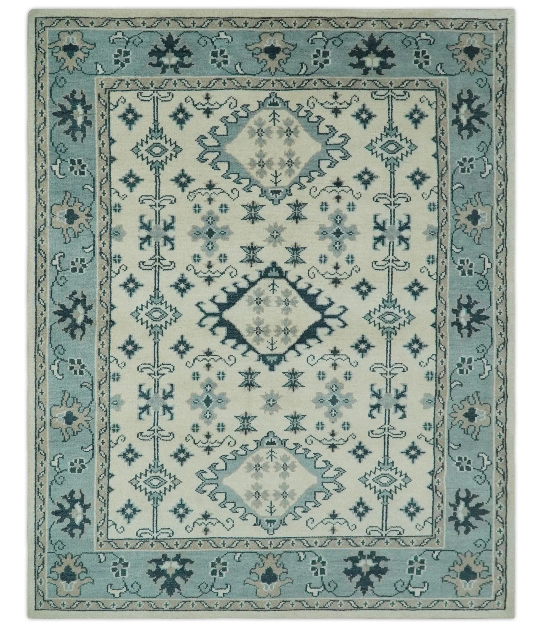 Ivory and Light Blue Traditional Oriental Hand Knotted Custom Made wool area Rug