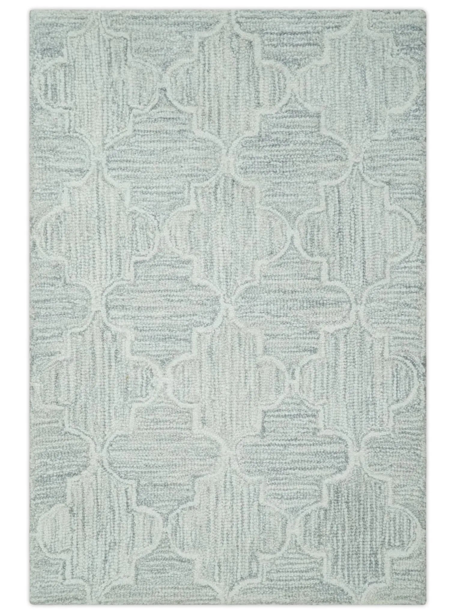 Custom Made Ivory and Silver Modern Geometric Hand Tufted Natural Wool Area Rug