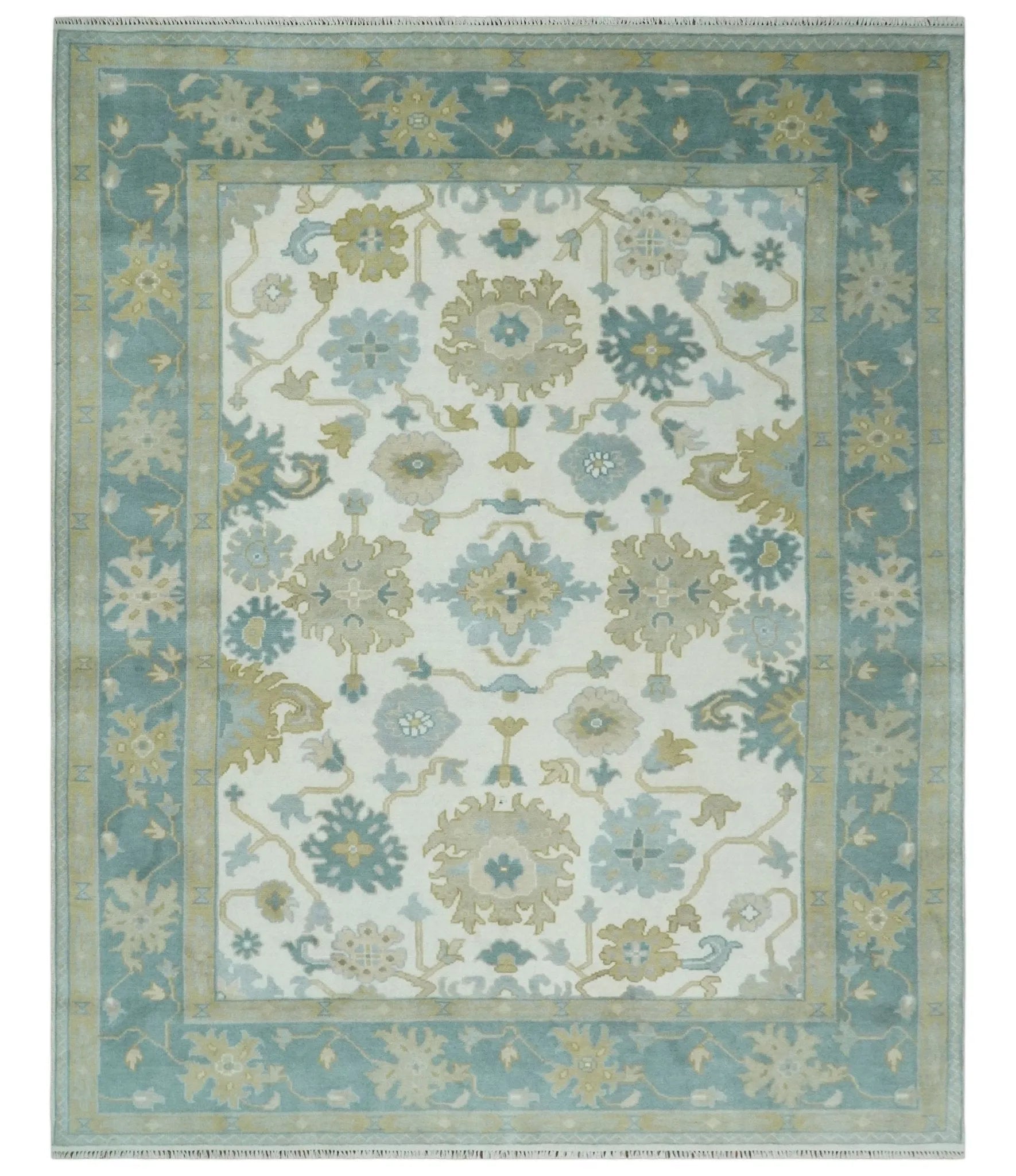 Ivory, Blue and Beige Floral Oushak Hand Knotted Traditional Turkish Inspired Custom Made Wool Area Rug