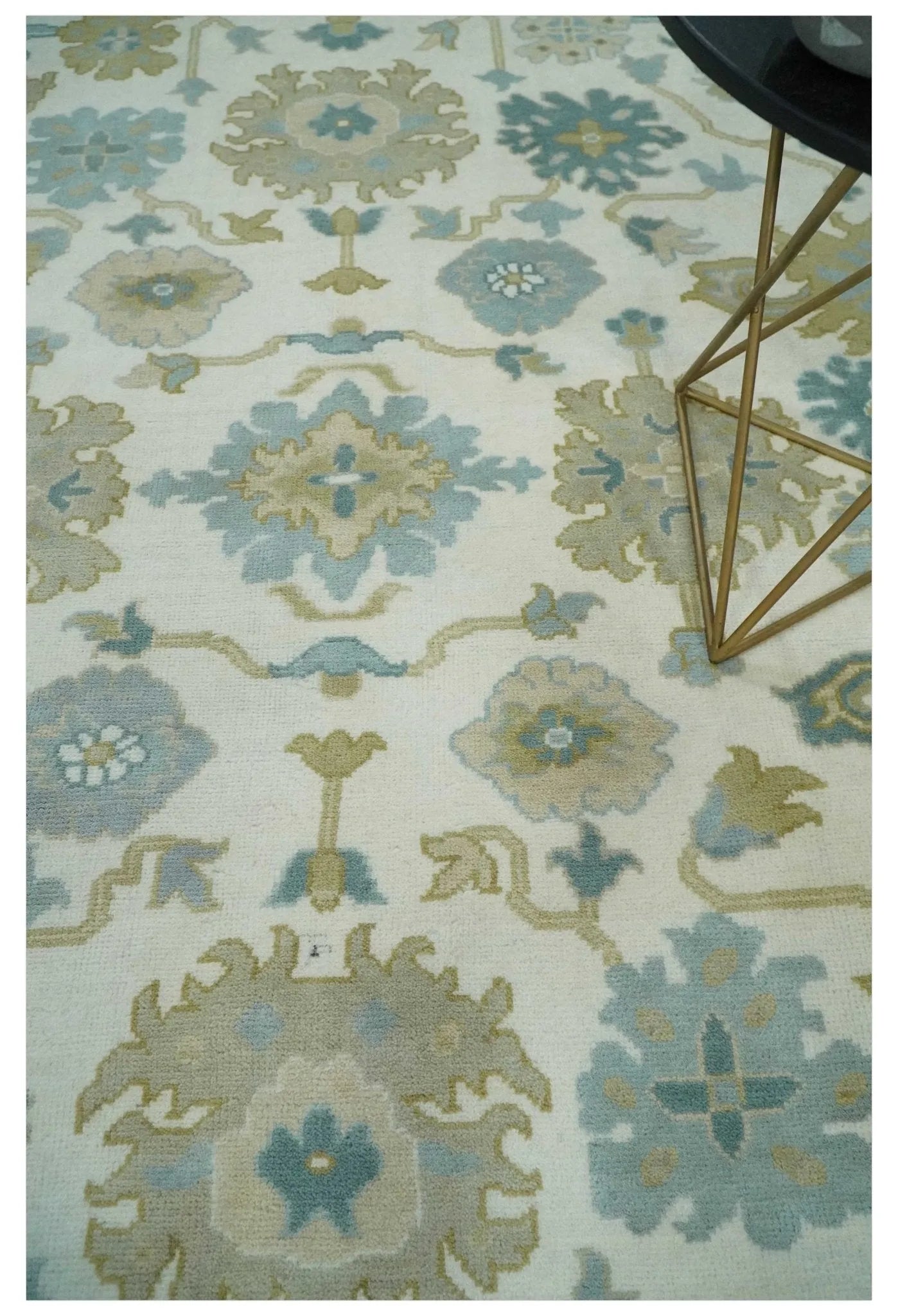 Ivory, Blue and Beige Floral Oushak Hand Knotted Traditional Turkish Inspired Custom Made Wool Area Rug