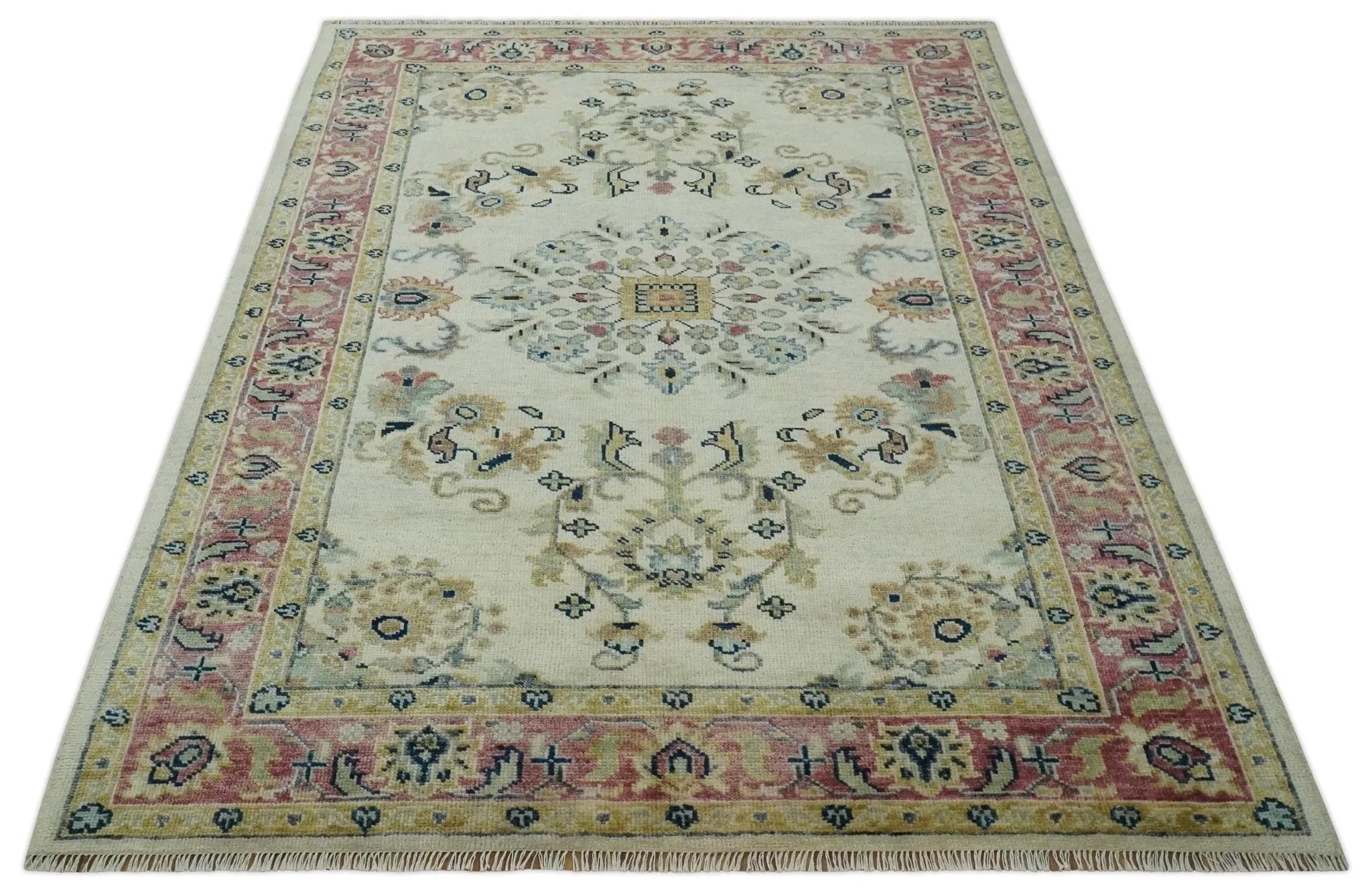 Ivory, Brown, Olive and Charcoal Traditional Heriz Medallion Custom Made Wool Area Rug