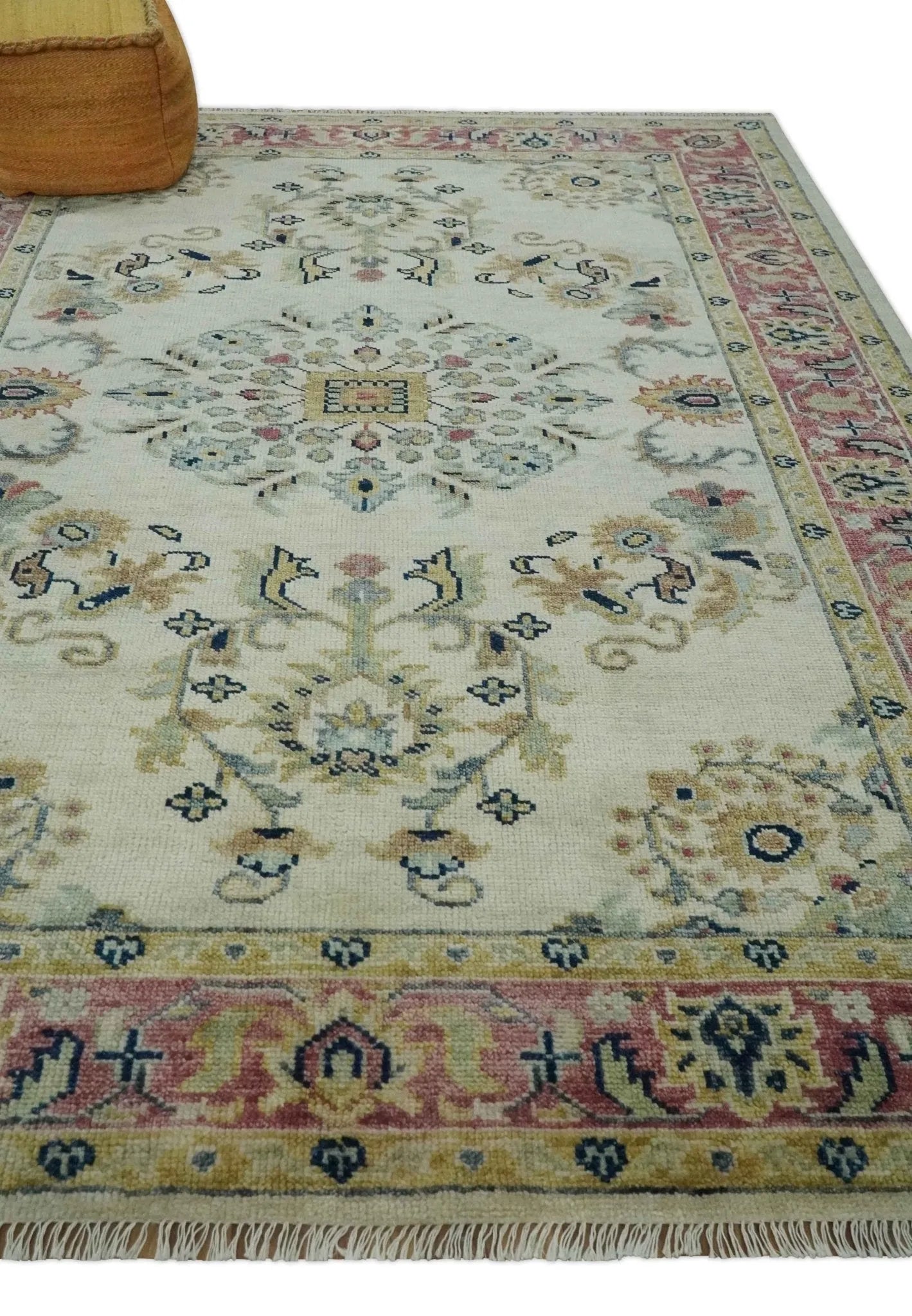 Ivory, Brown, Olive and Charcoal Traditional Heriz Medallion Custom Made Wool Area Rug