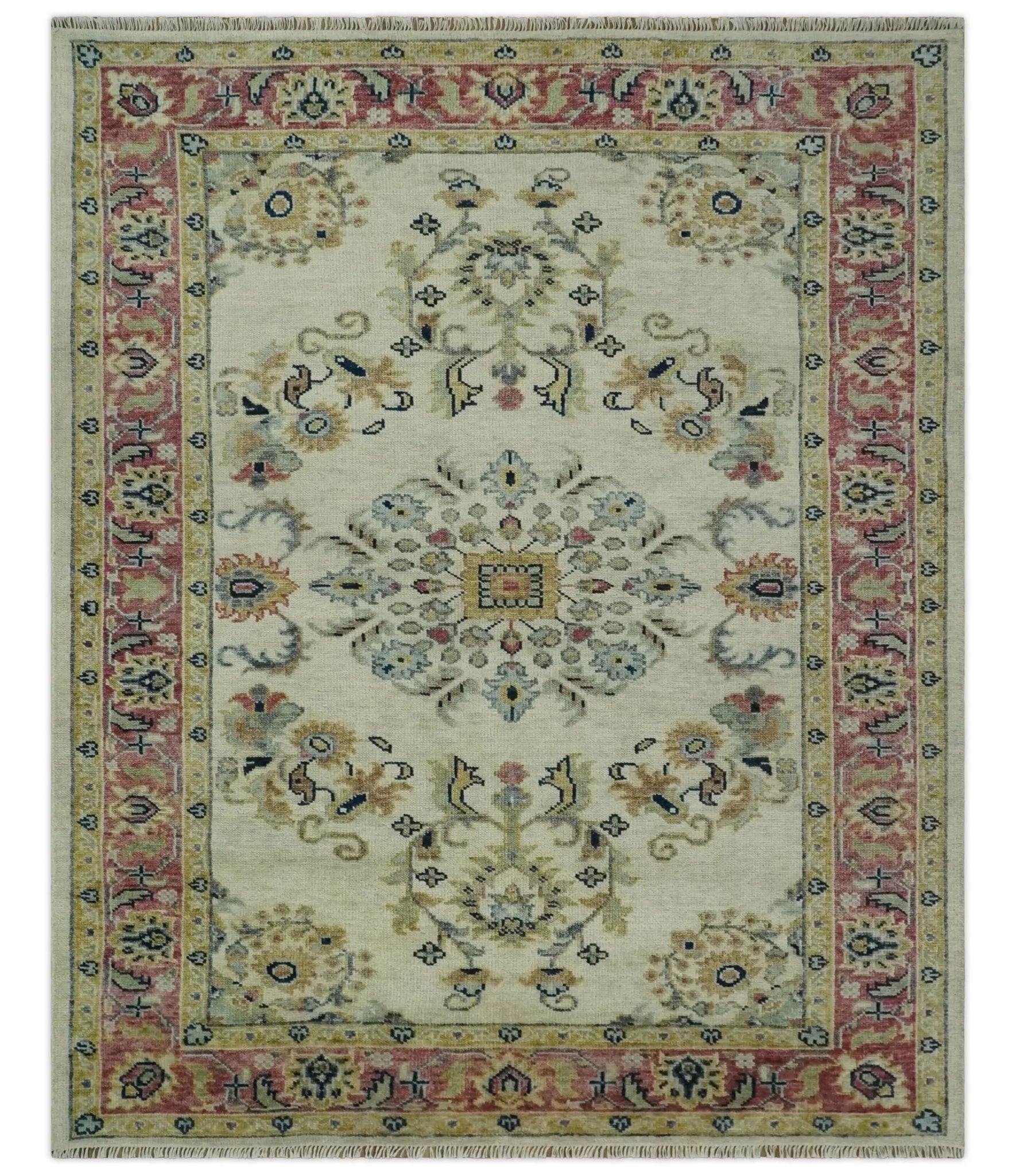 Ivory, Brown, Olive and Charcoal Traditional Heriz Medallion Custom Made Wool Area Rug