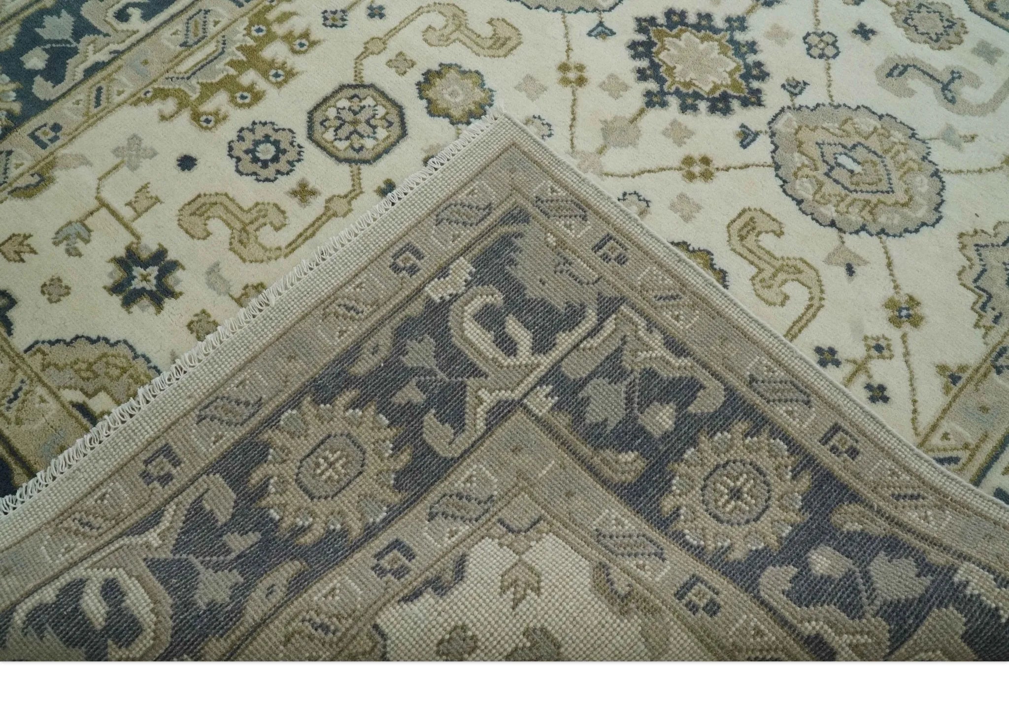 Ivory, Olive and Blue Hand Knotted Traditional Oriental Oushak Custom Made wool rug