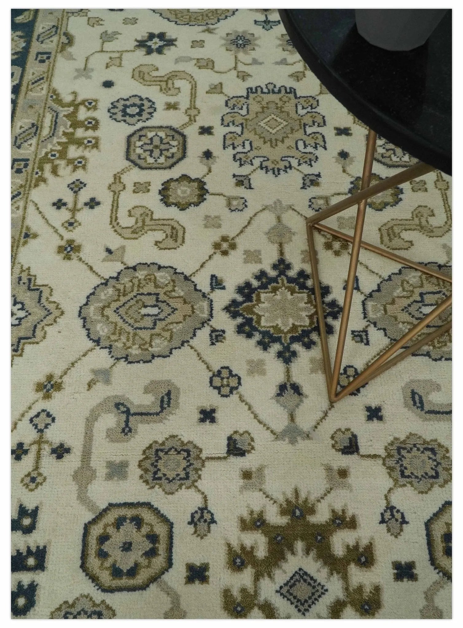 Ivory, Olive and Blue Hand Knotted Traditional Oriental Oushak Custom Made wool rug