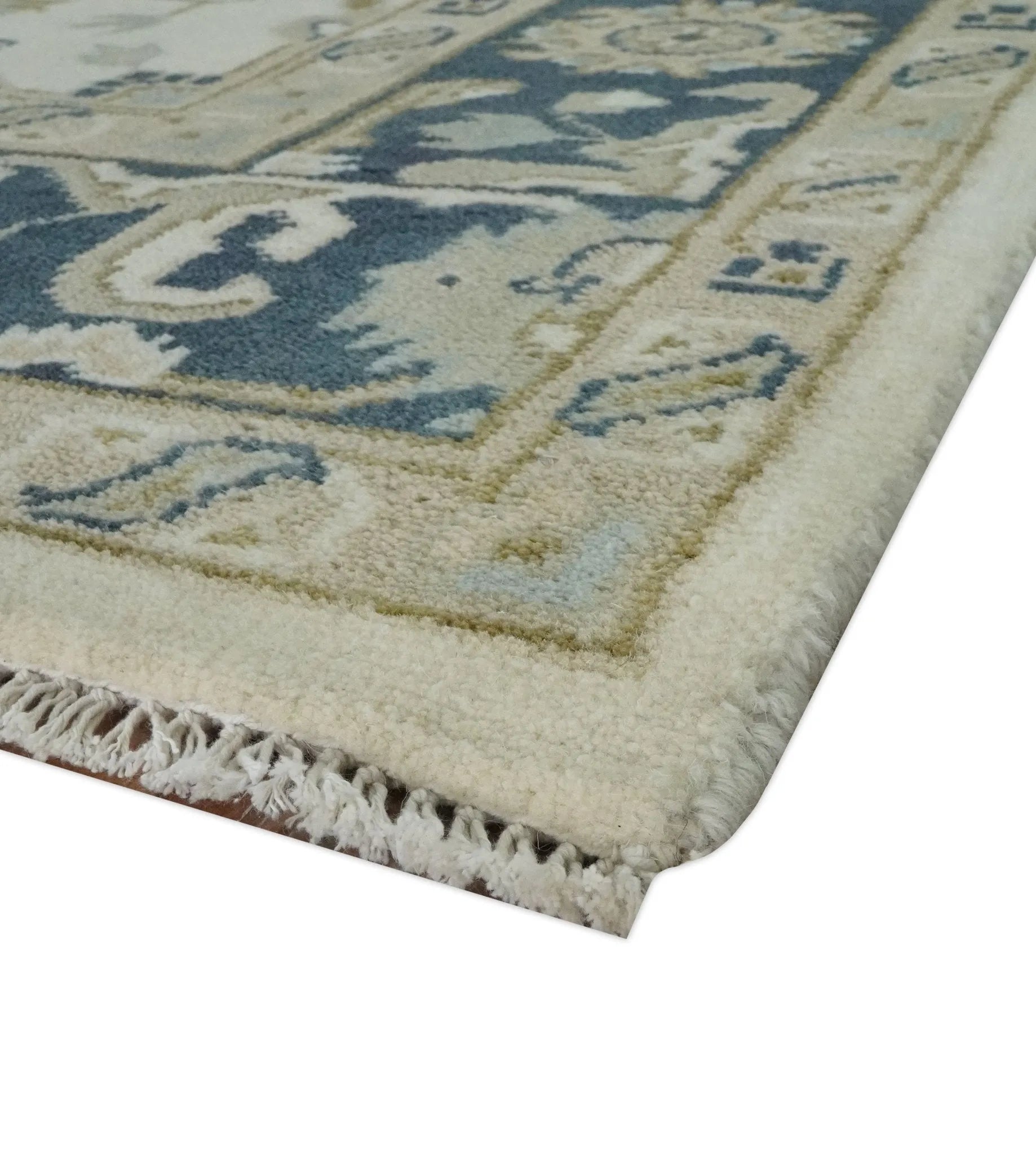 Ivory, Olive and Blue Hand Knotted Traditional Oriental Oushak Custom Made wool rug