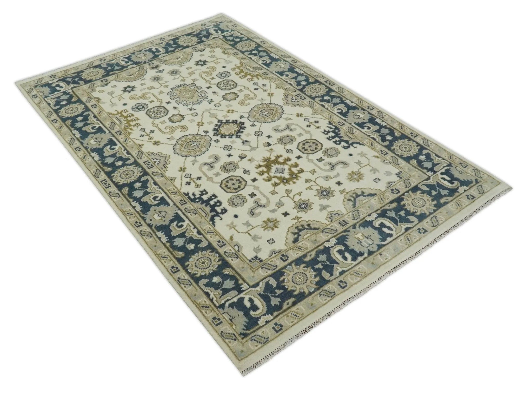 Ivory, Olive and Blue Hand Knotted Traditional Oriental Oushak Custom Made wool rug