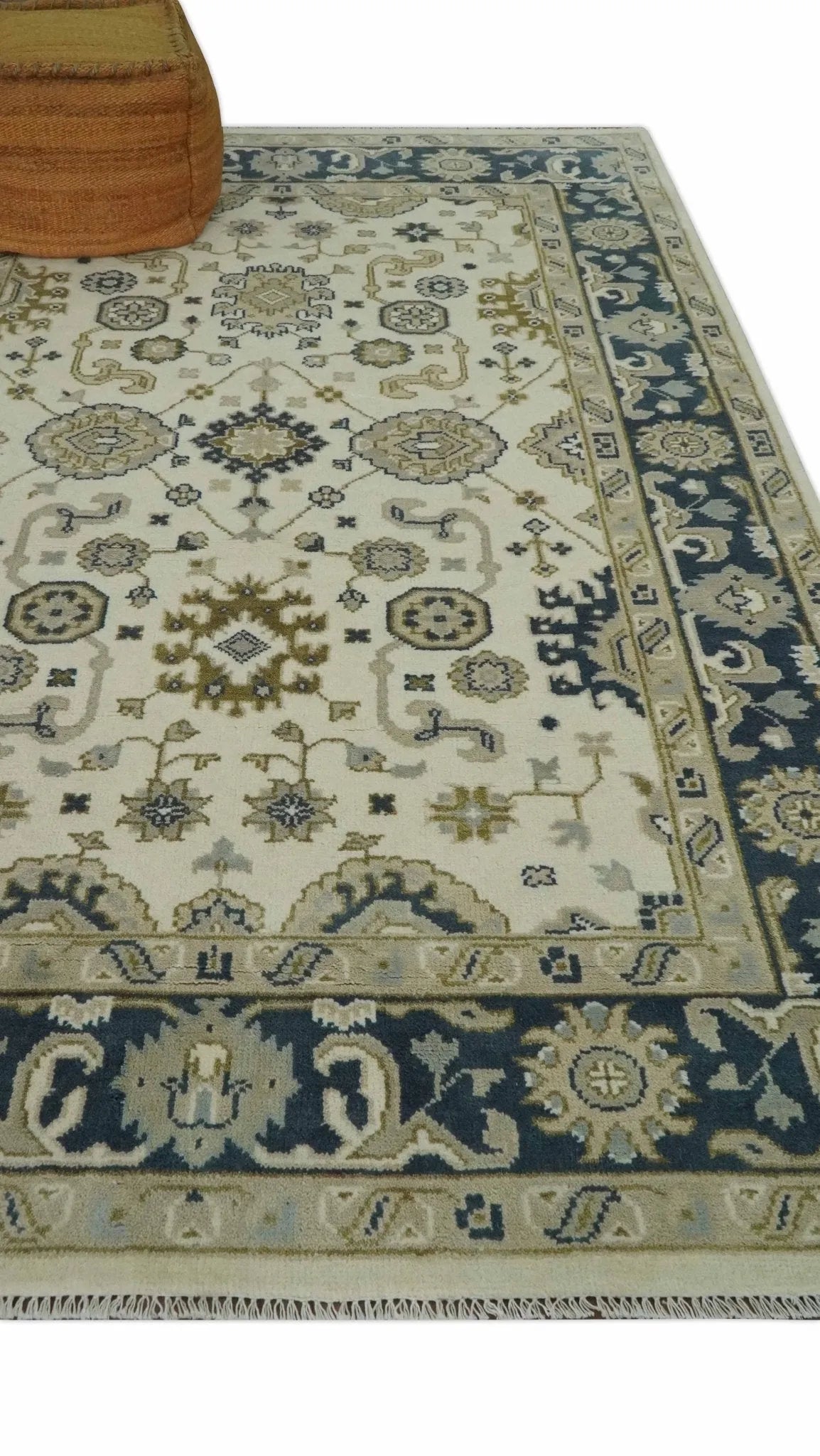 Ivory, Olive and Blue Hand Knotted Traditional Oriental Oushak Custom Made wool rug