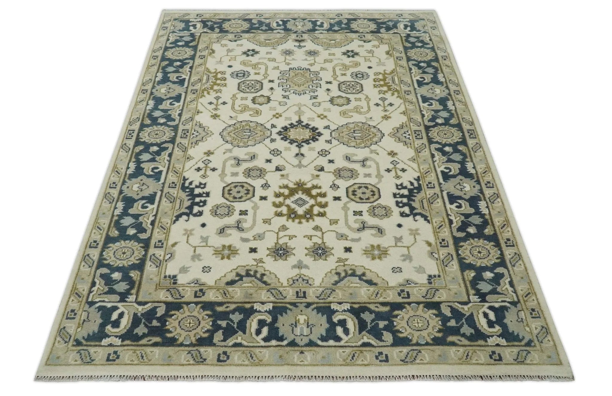 Ivory, Olive and Blue Hand Knotted Traditional Oriental Oushak Custom Made wool rug