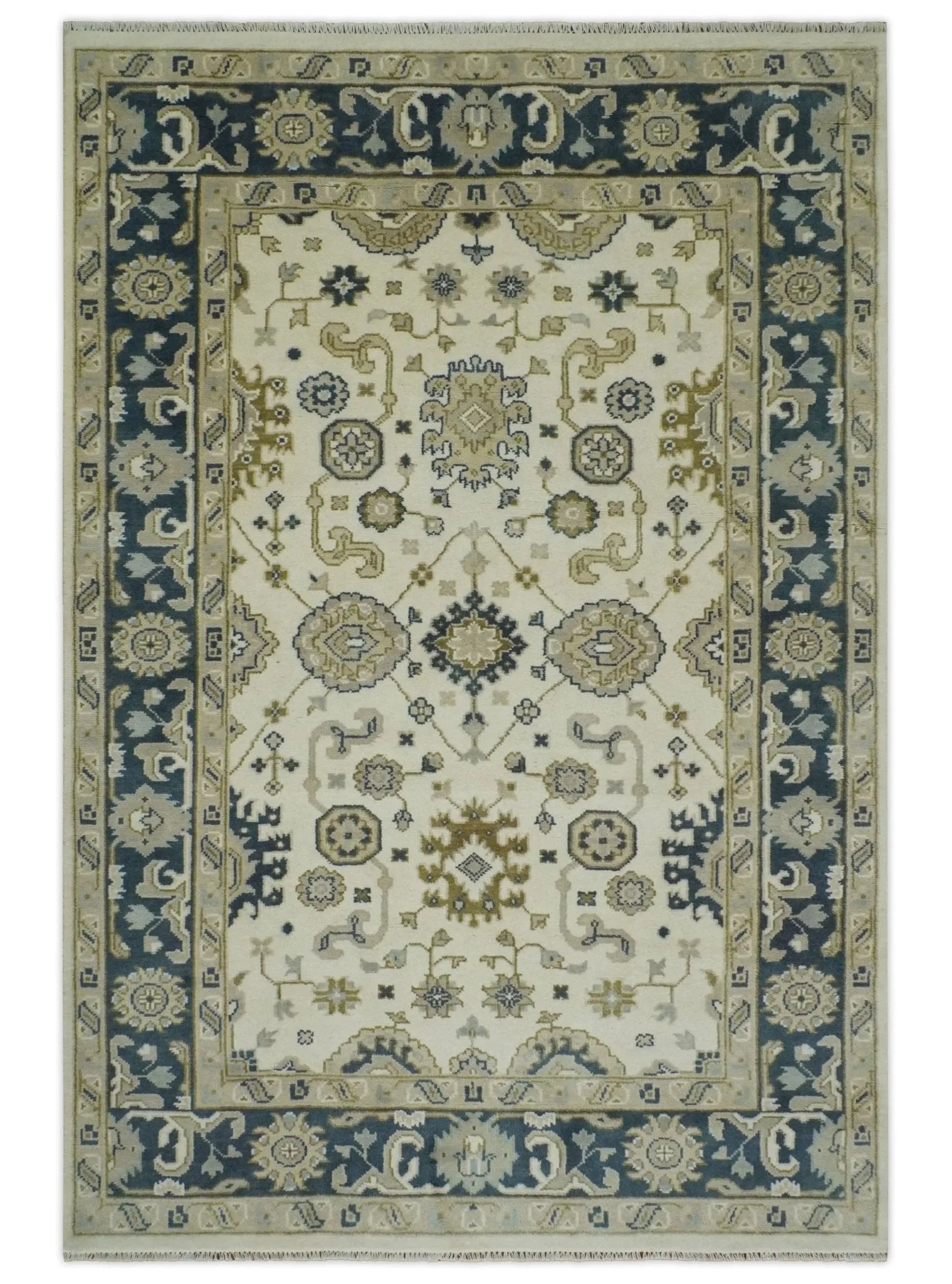 Ivory, Olive and Blue Hand Knotted Traditional Oriental Oushak Custom Made wool rug