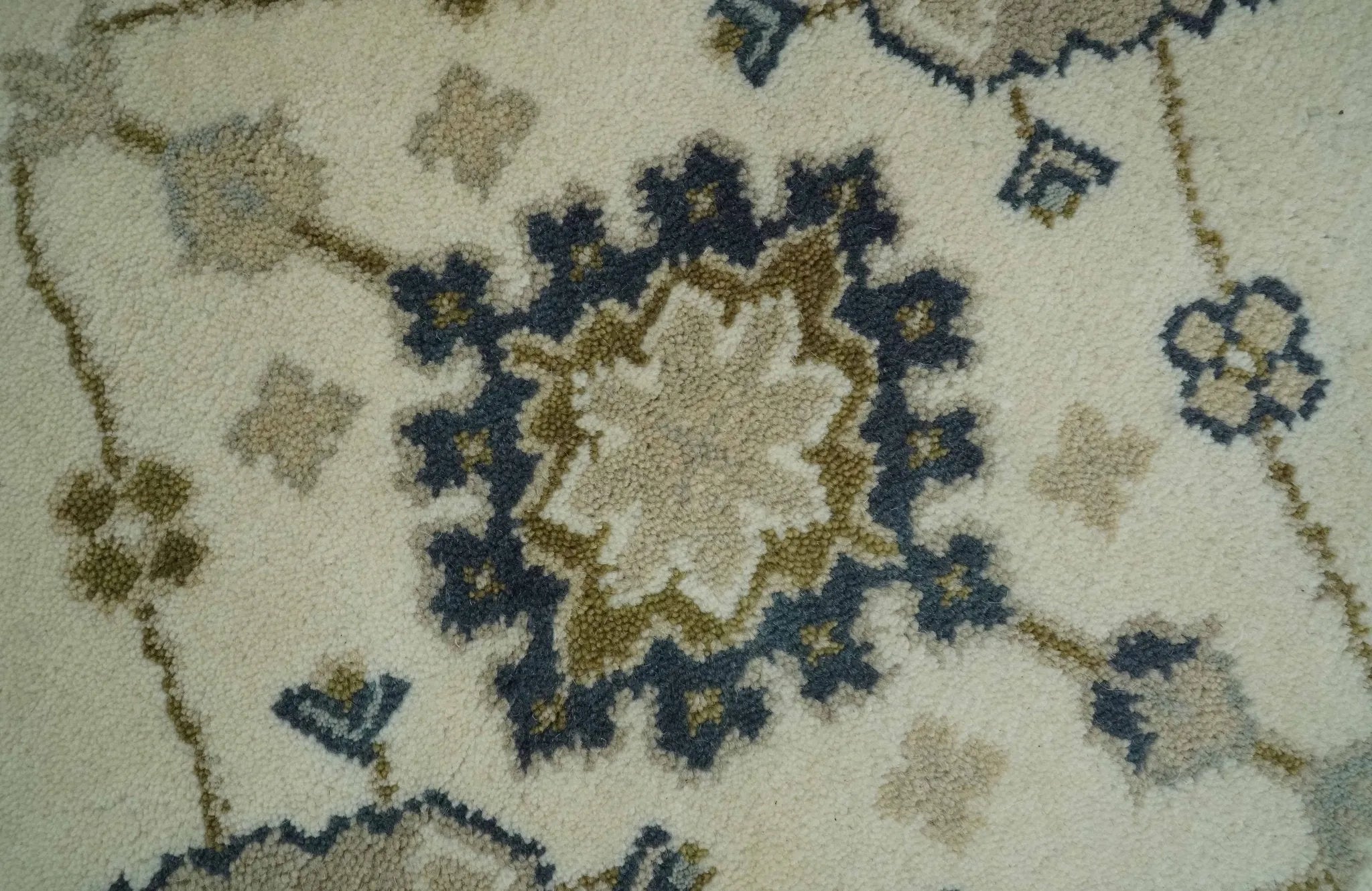 Ivory, Olive and Blue Hand Knotted Traditional Oriental Oushak Custom Made wool rug