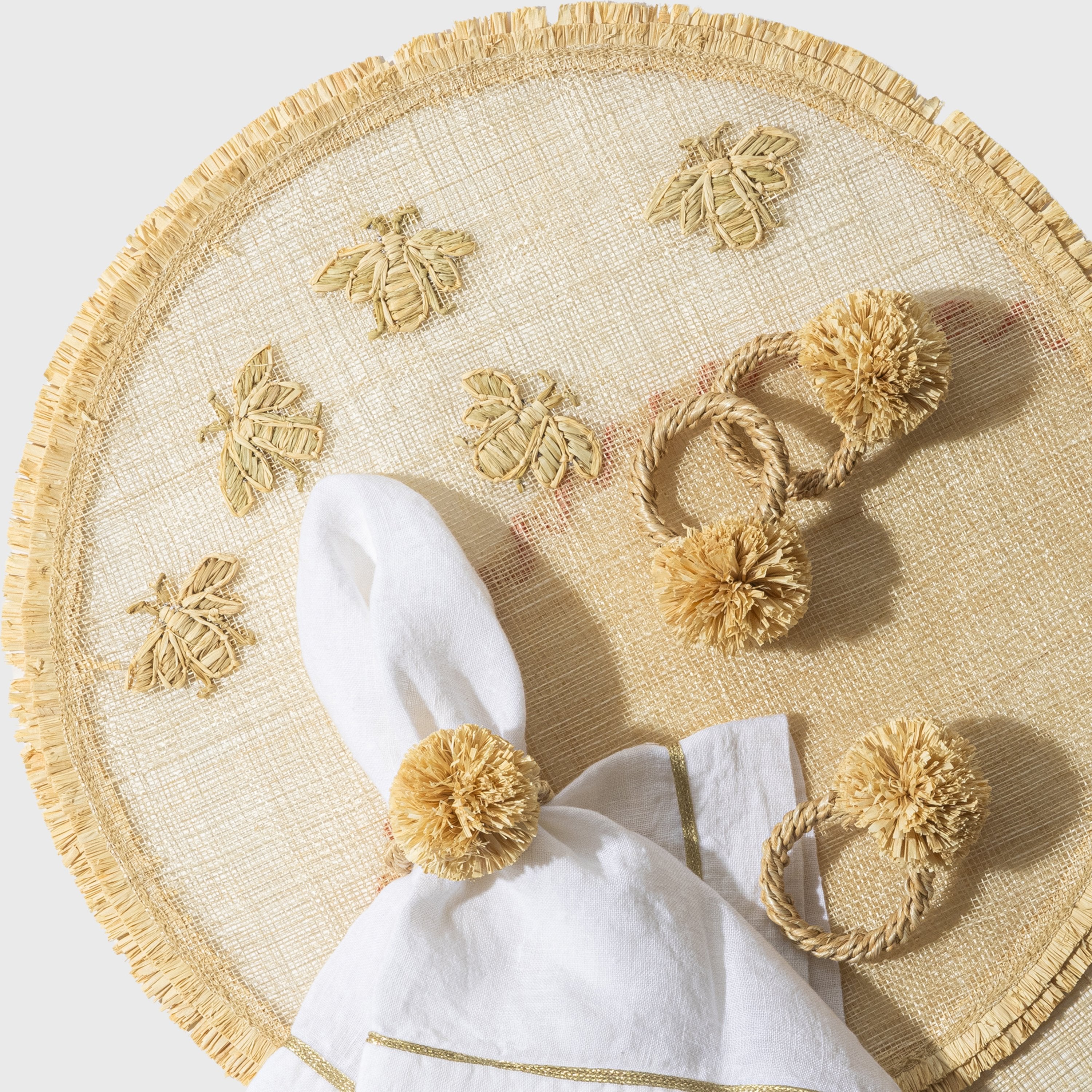 Abaca Placemat with Embroidered Bee and Double Fringe Edge (Set of 4)