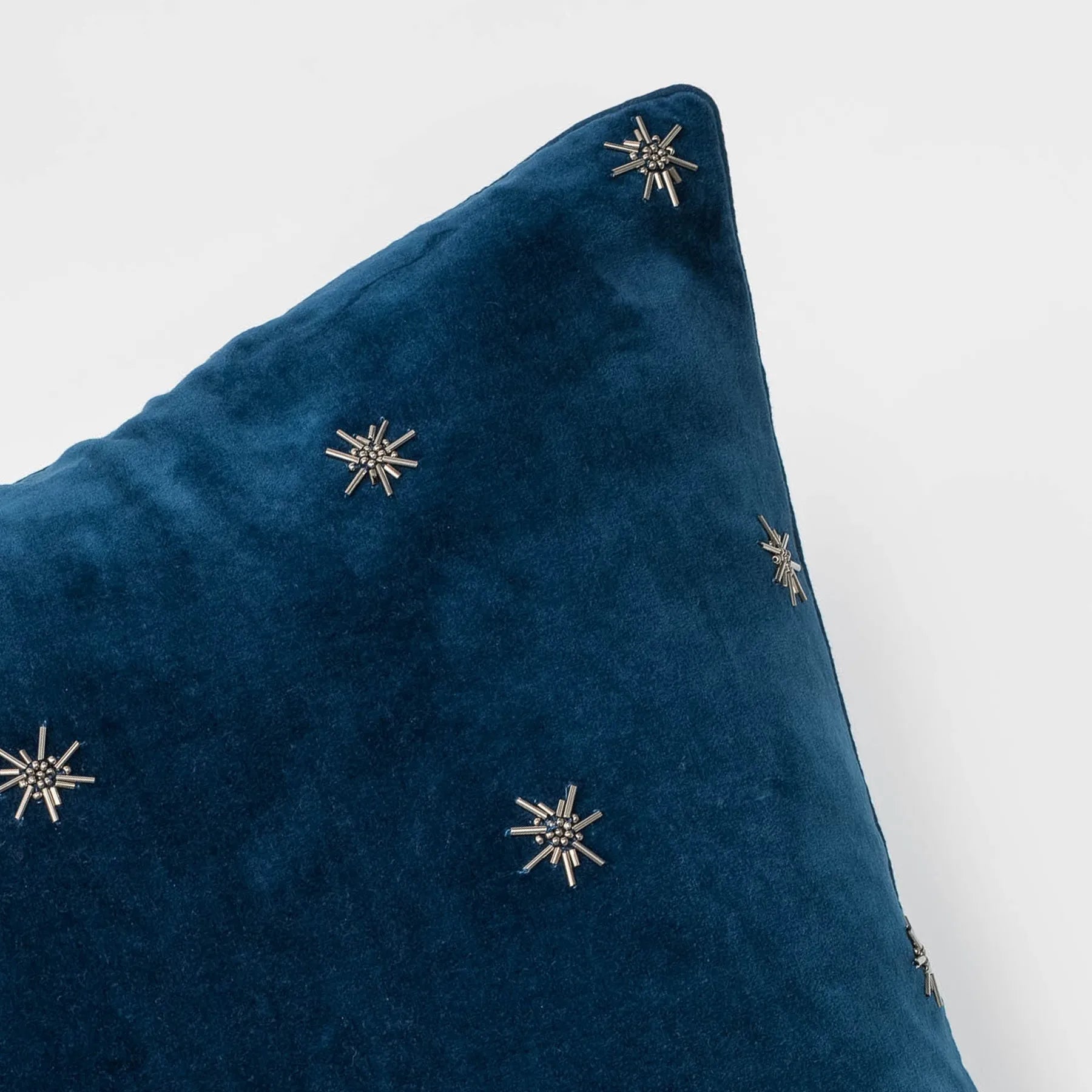 Embroidered star pillow, navy cotton velvet