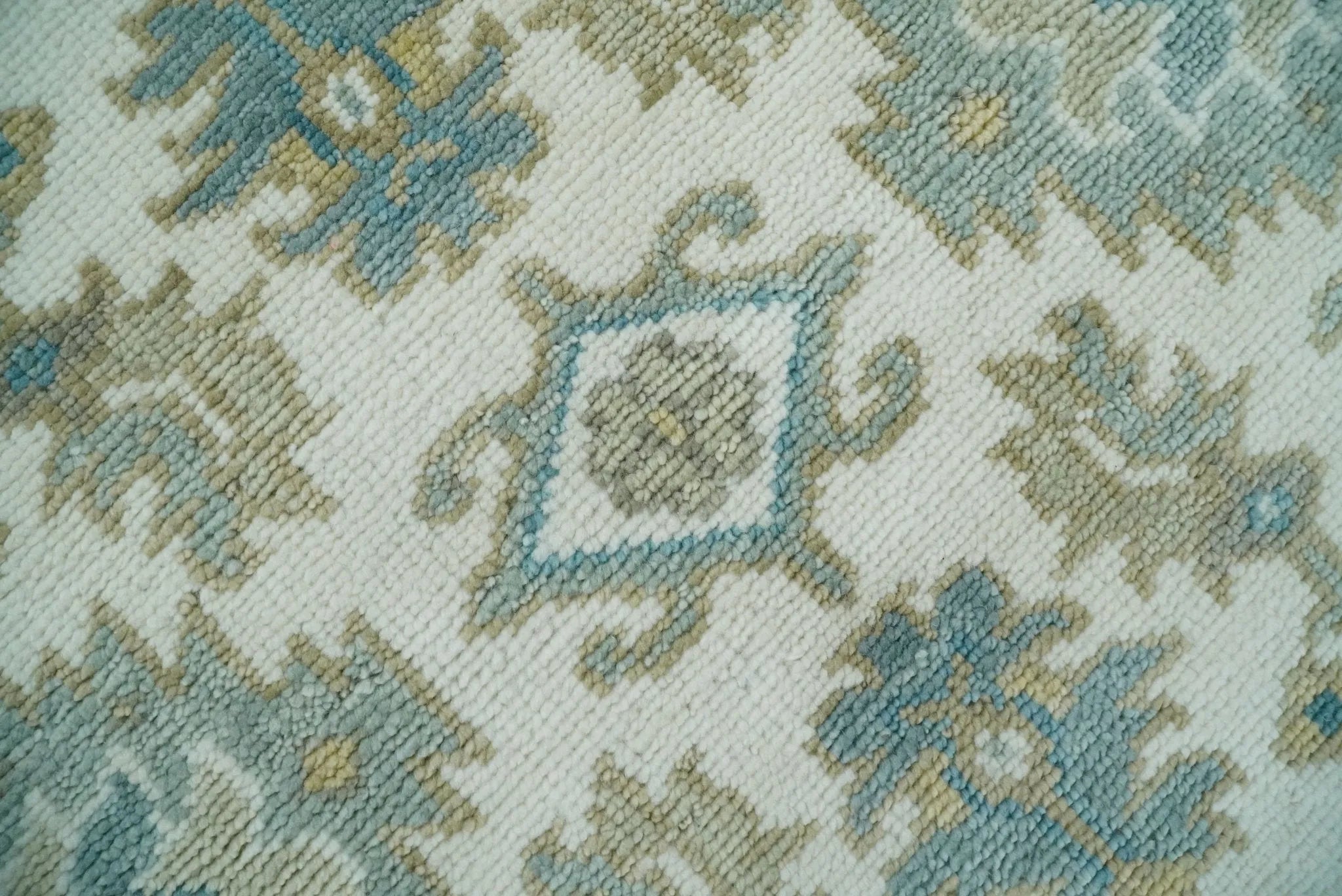 Hand Knotted Oriental Oushak Teal, Ivory and Beige Custom Made Wool Area Rug