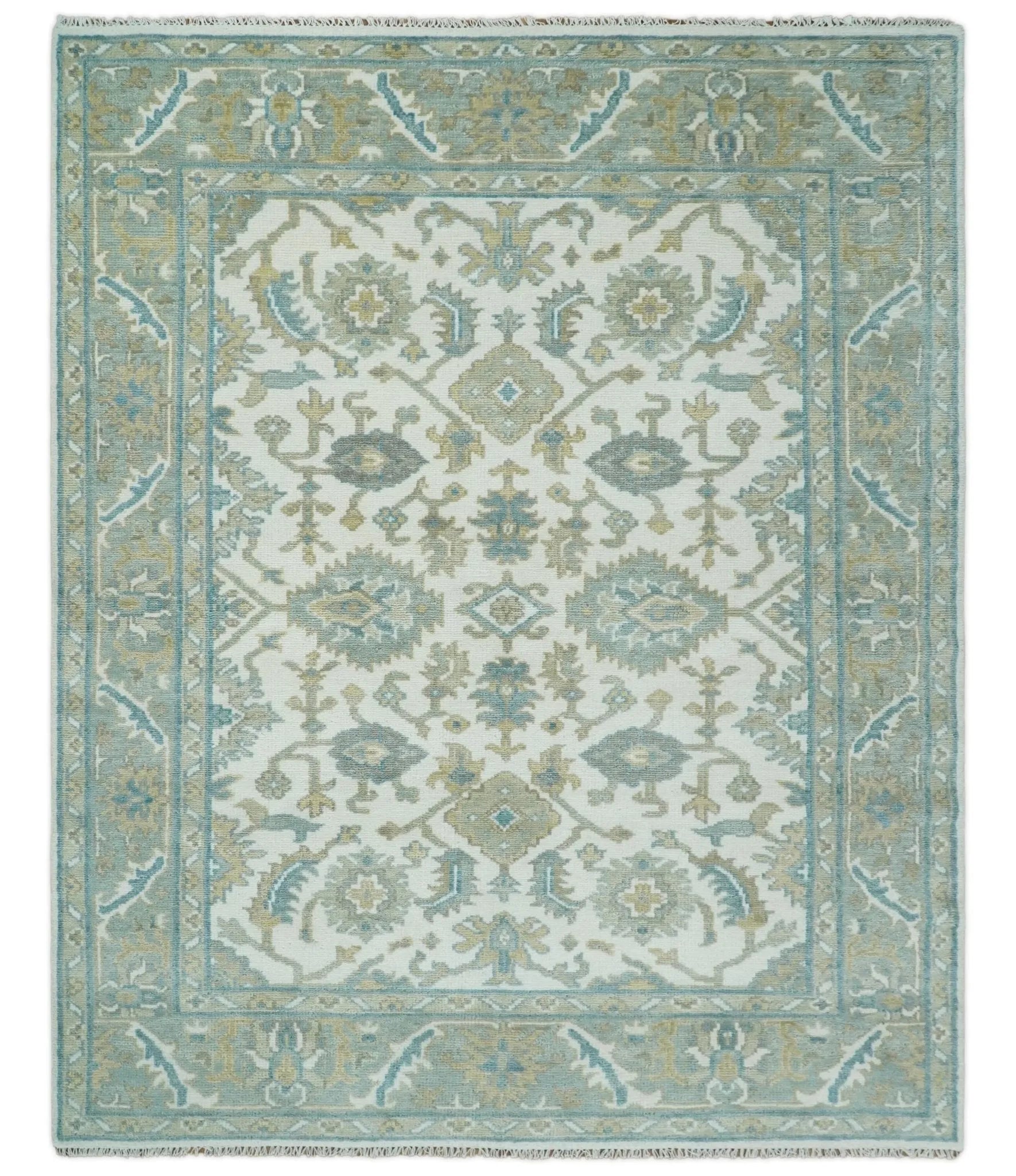 Hand Knotted Oriental Oushak Teal, Ivory and Beige Custom Made Wool Area Rug