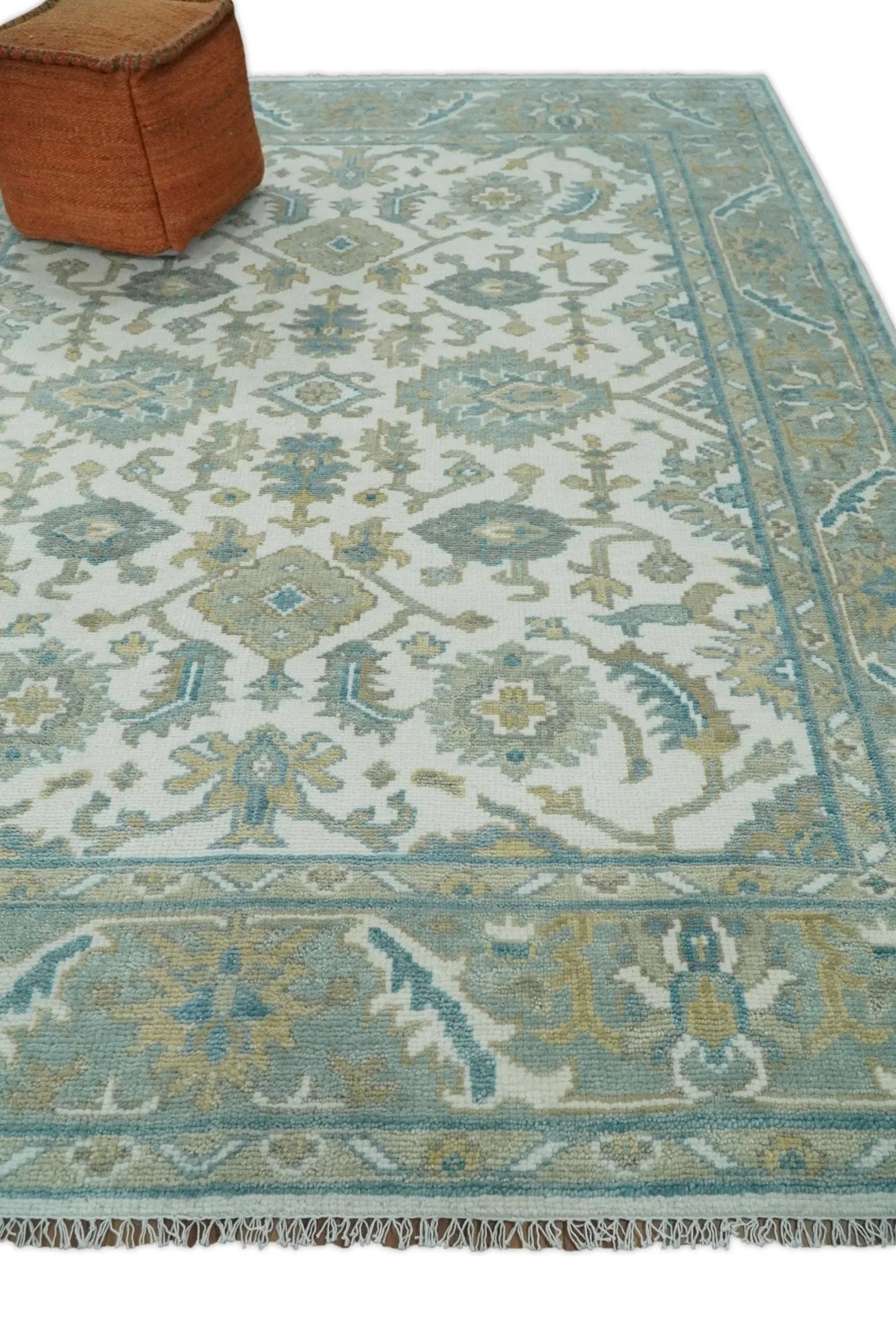 Hand Knotted Oriental Oushak Teal, Ivory and Beige Custom Made Wool Area Rug