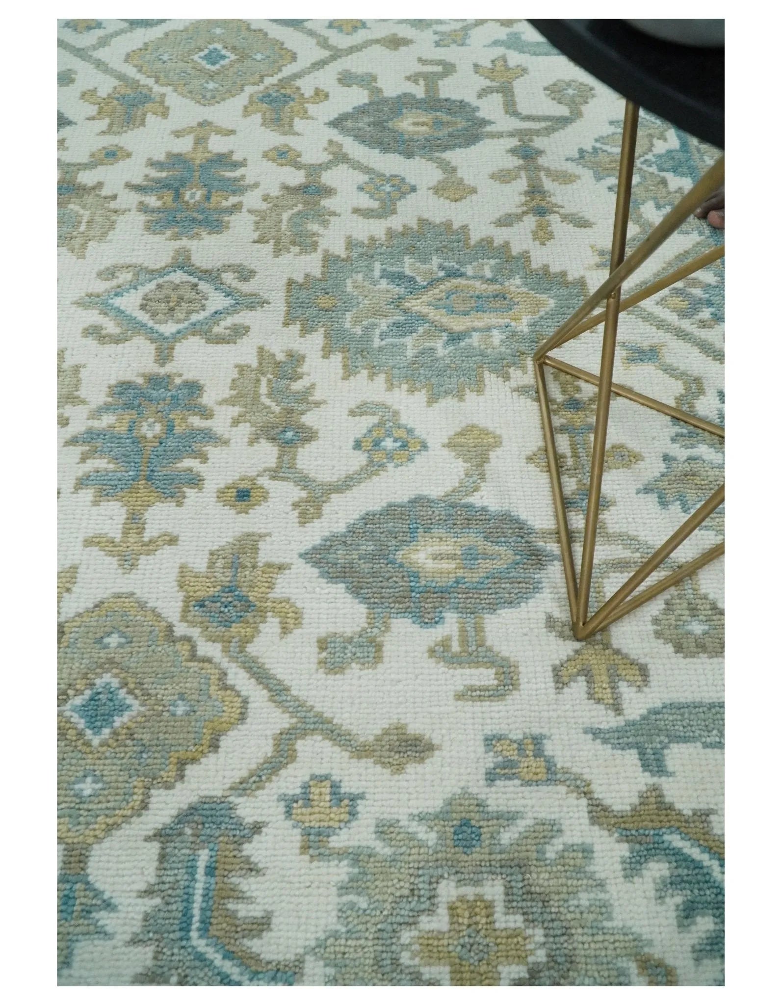 Hand Knotted Oriental Oushak Teal, Ivory and Beige Custom Made Wool Area Rug